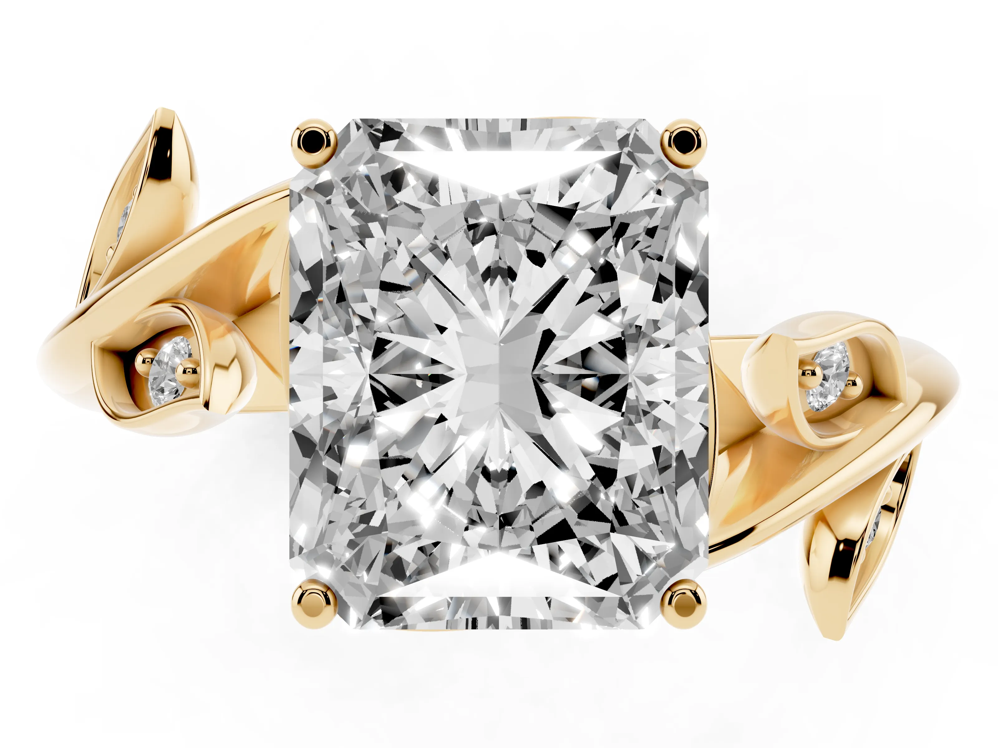 Radiant Cut Diamond Solitaire Twist Engagement Ring Set in Yellow gold with Pavé Leaf Accents