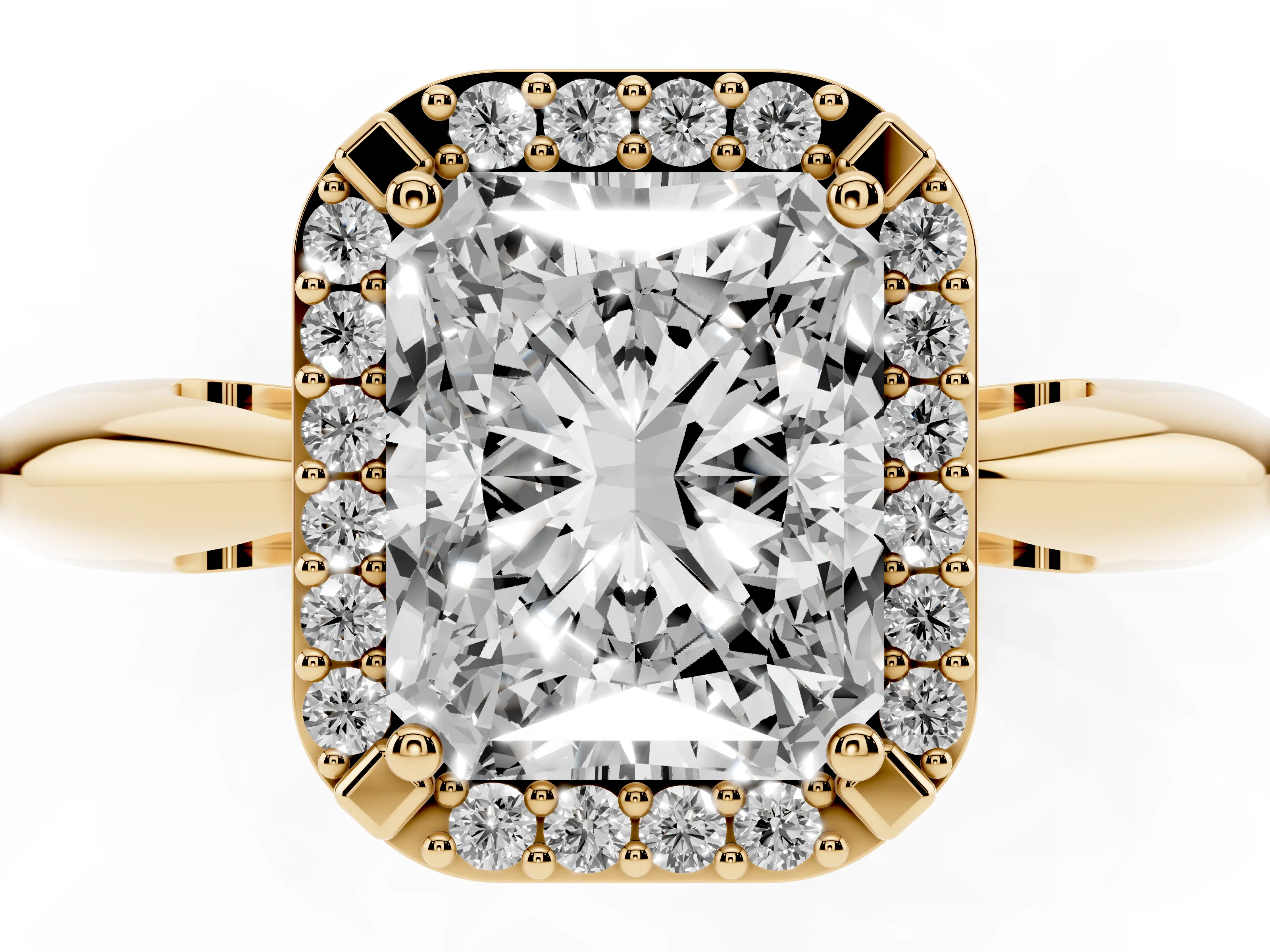 Radiant Cut Diamond Halo Engagement Ring Set in Yellow gold with Plain Split Shank and Prong Setting