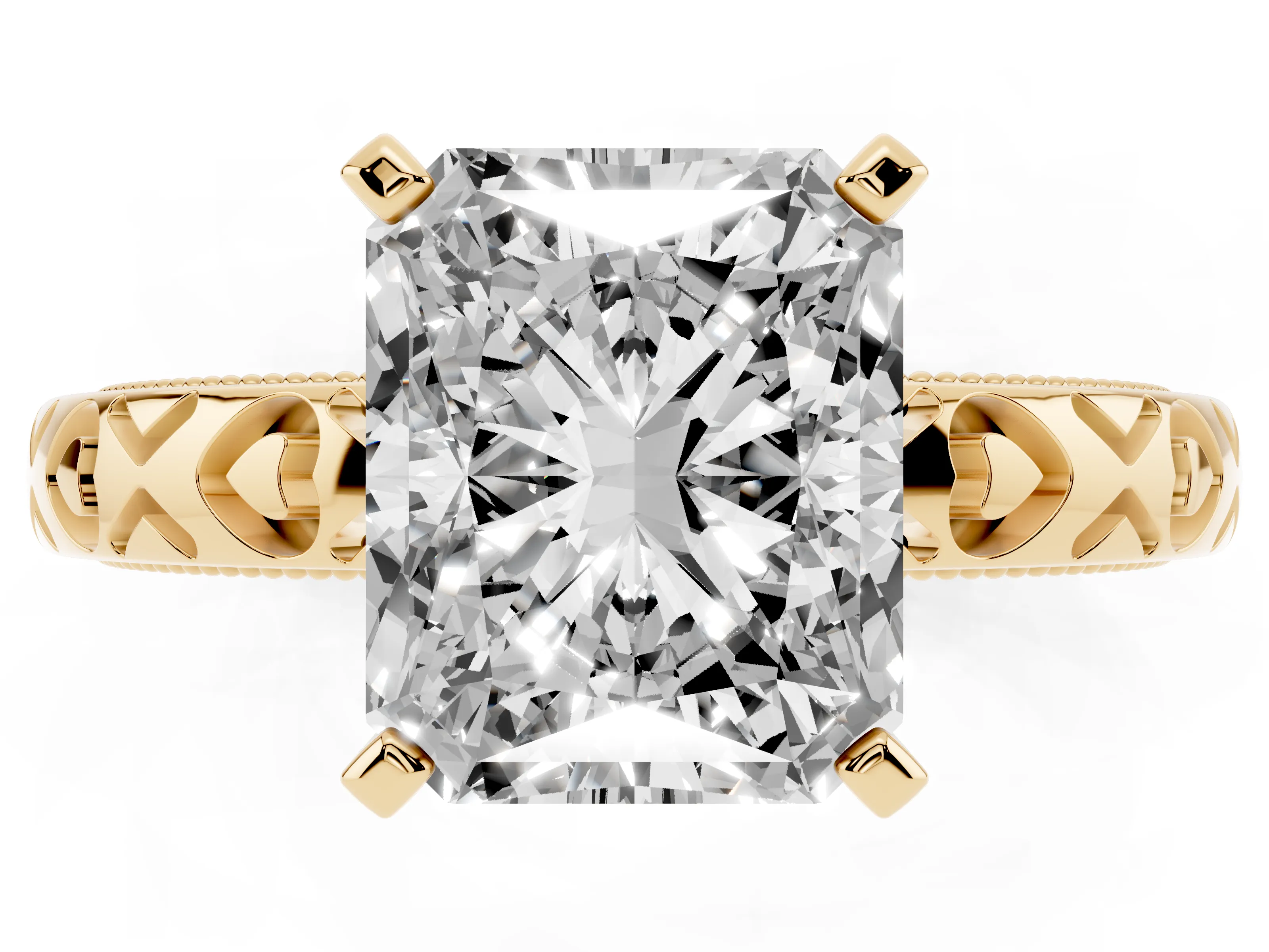 Radiant Cut Diamond Solitaire Engagement Ring Set in Yellow gold with XO Engraved Band and Prong Setting