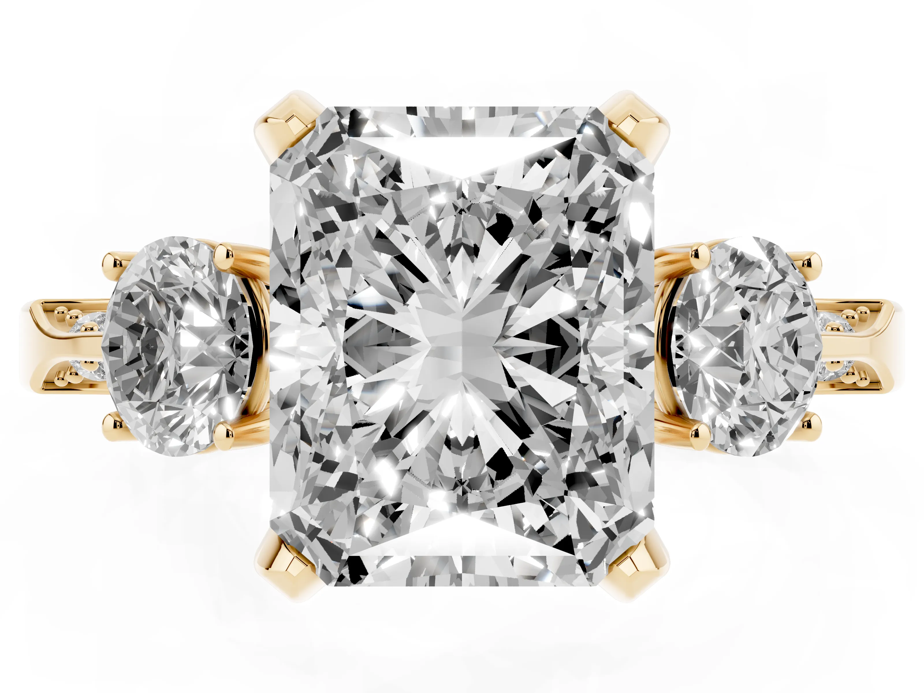 Radiant Cut Diamond Three-Stone Ring Set in Yellow gold with Pavé Band and Smaller Side Stones