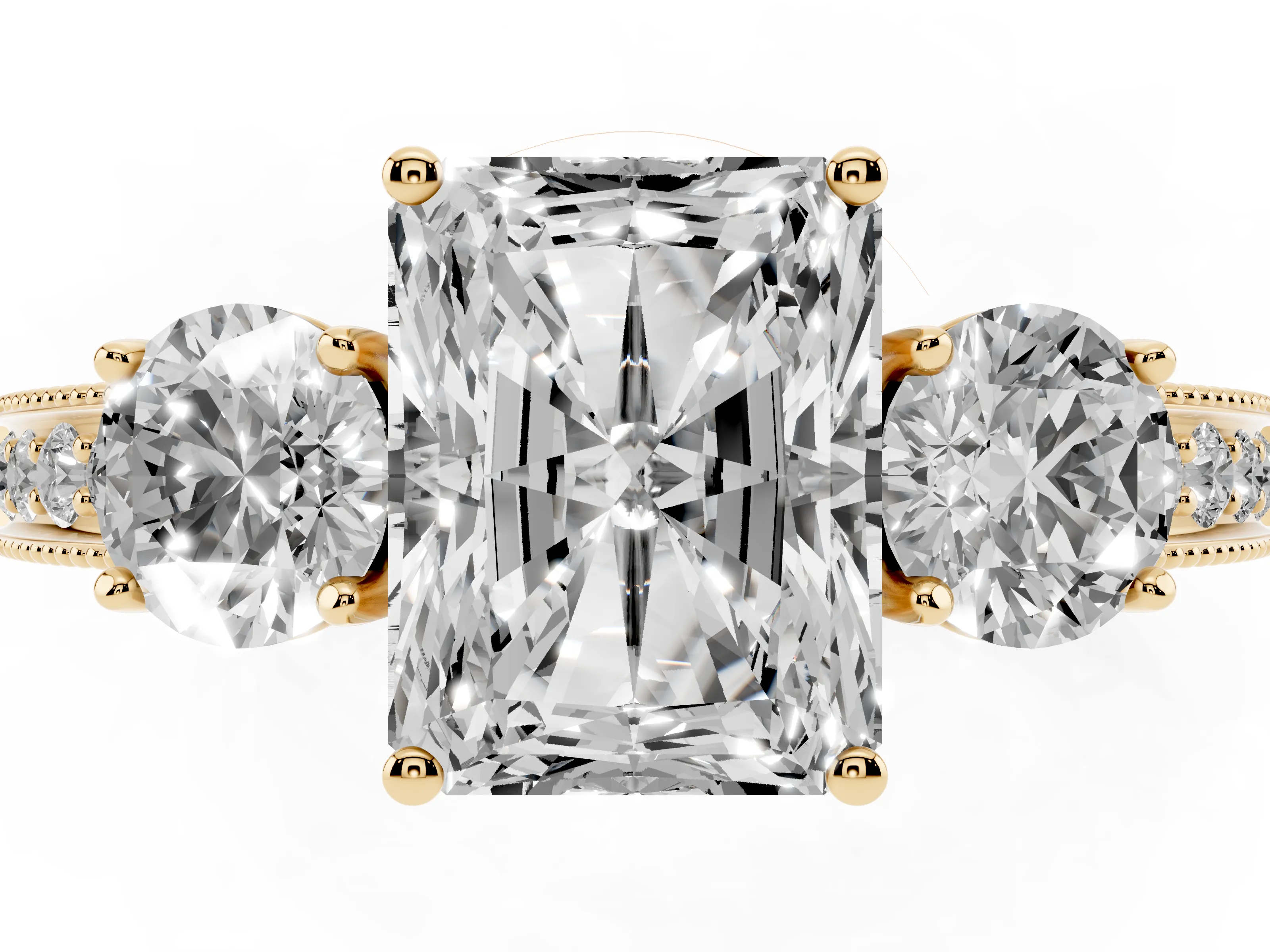Radiant Cut Diamond Three-Stone Ring Set in Yellow gold with Round Side Stones and Pavé Band