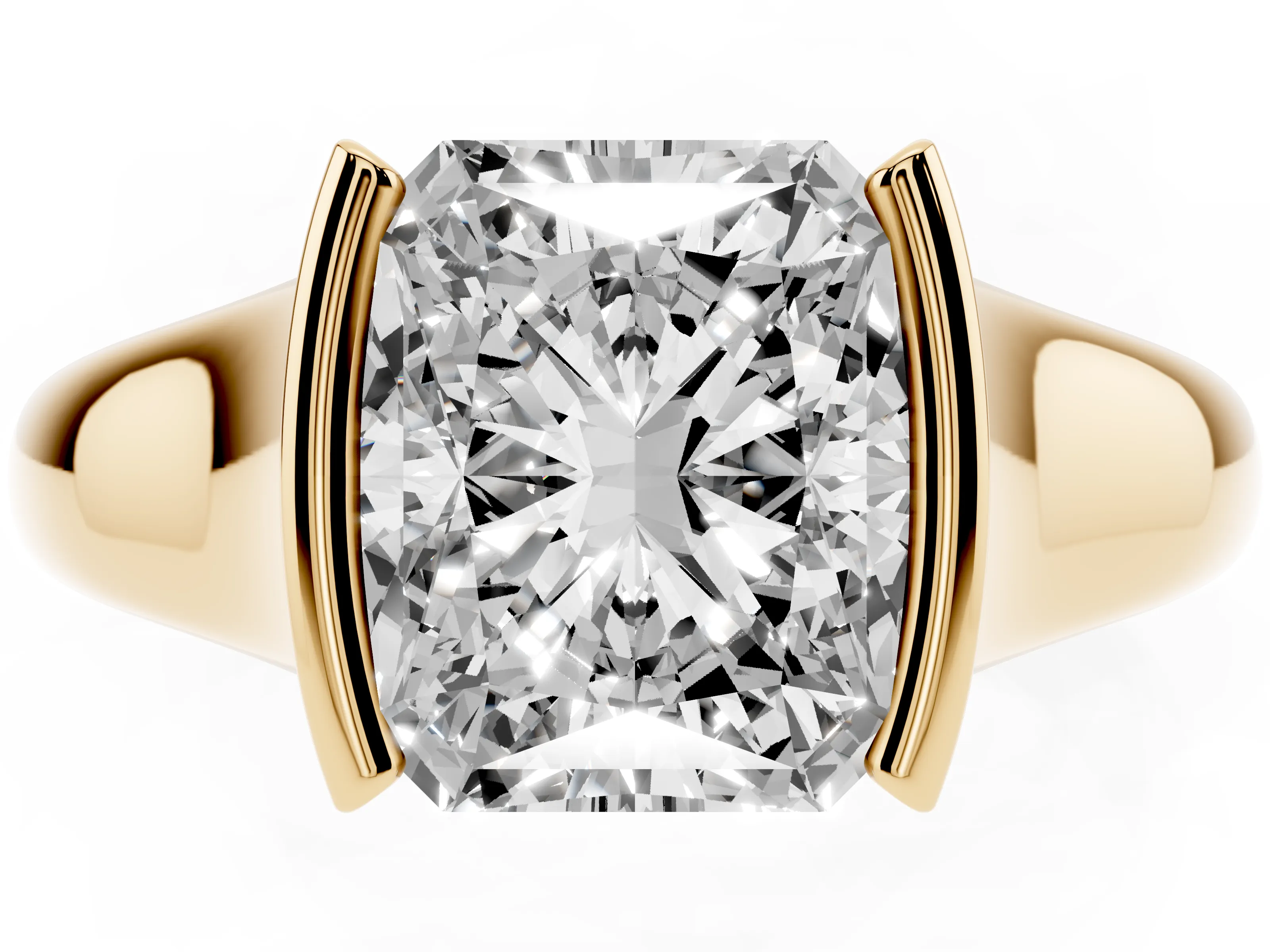 Radiant Cut Diamond Solitaire Tension Set Ring Set in Yellow gold with Split Shank Band
