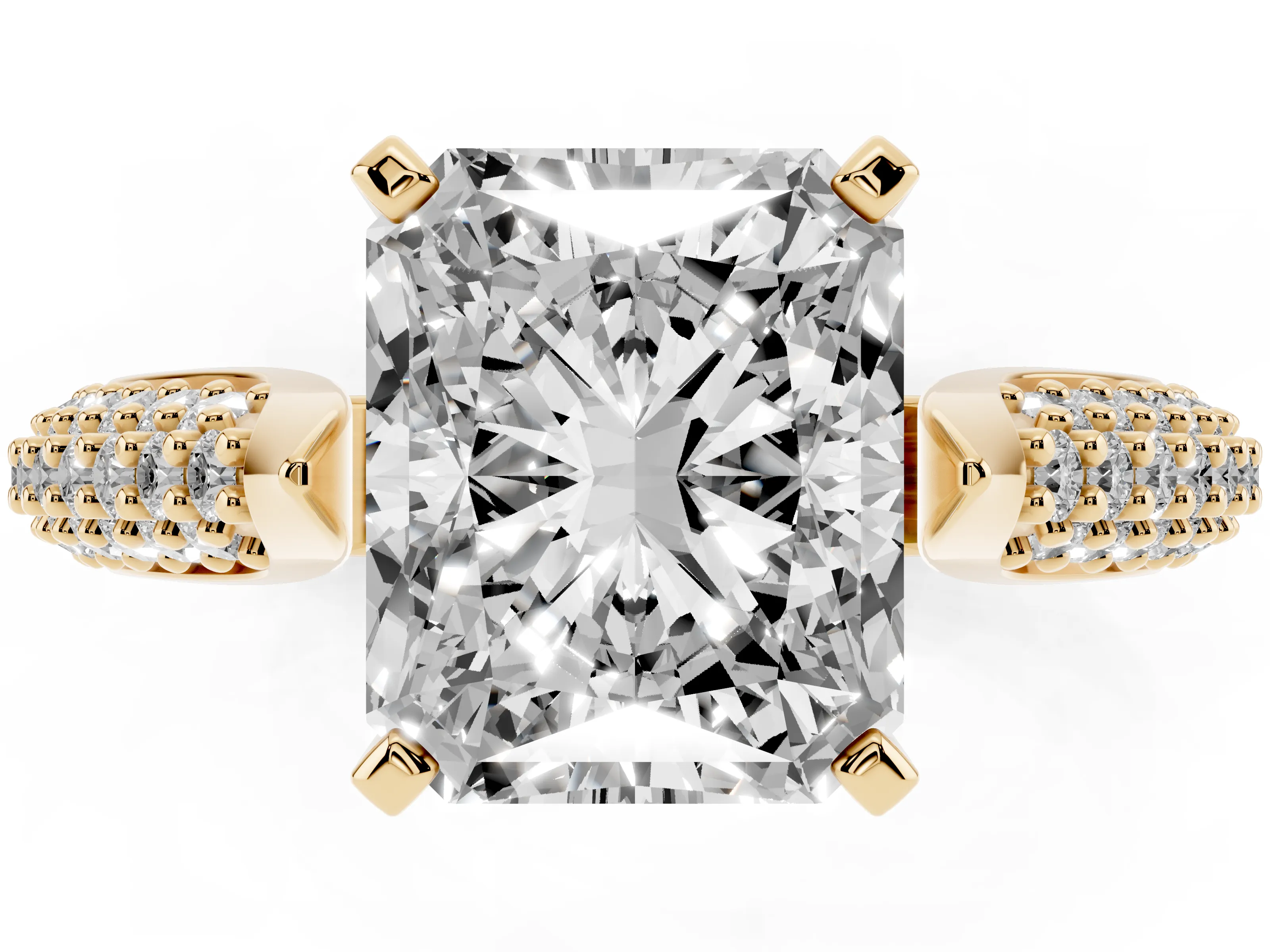 Radiant Cut Diamond Solitaire Engagement Ring Set in Yellow gold with Multi-Row Round Pavé Band and Prong Setting