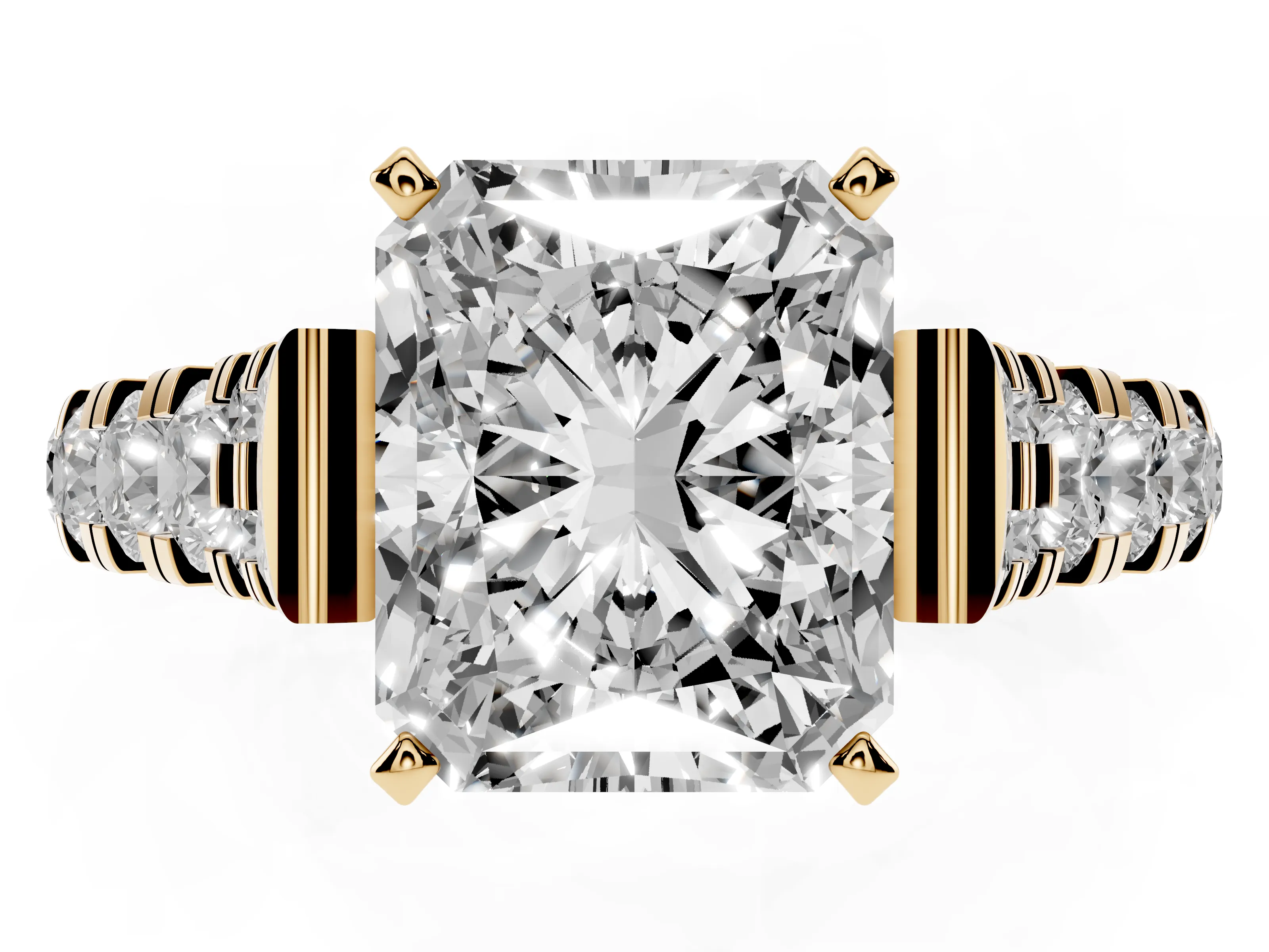 Radiant Cut Diamond Classic Solitaire Ring Set in Yellow gold with Pavé Band and Prong Setting
