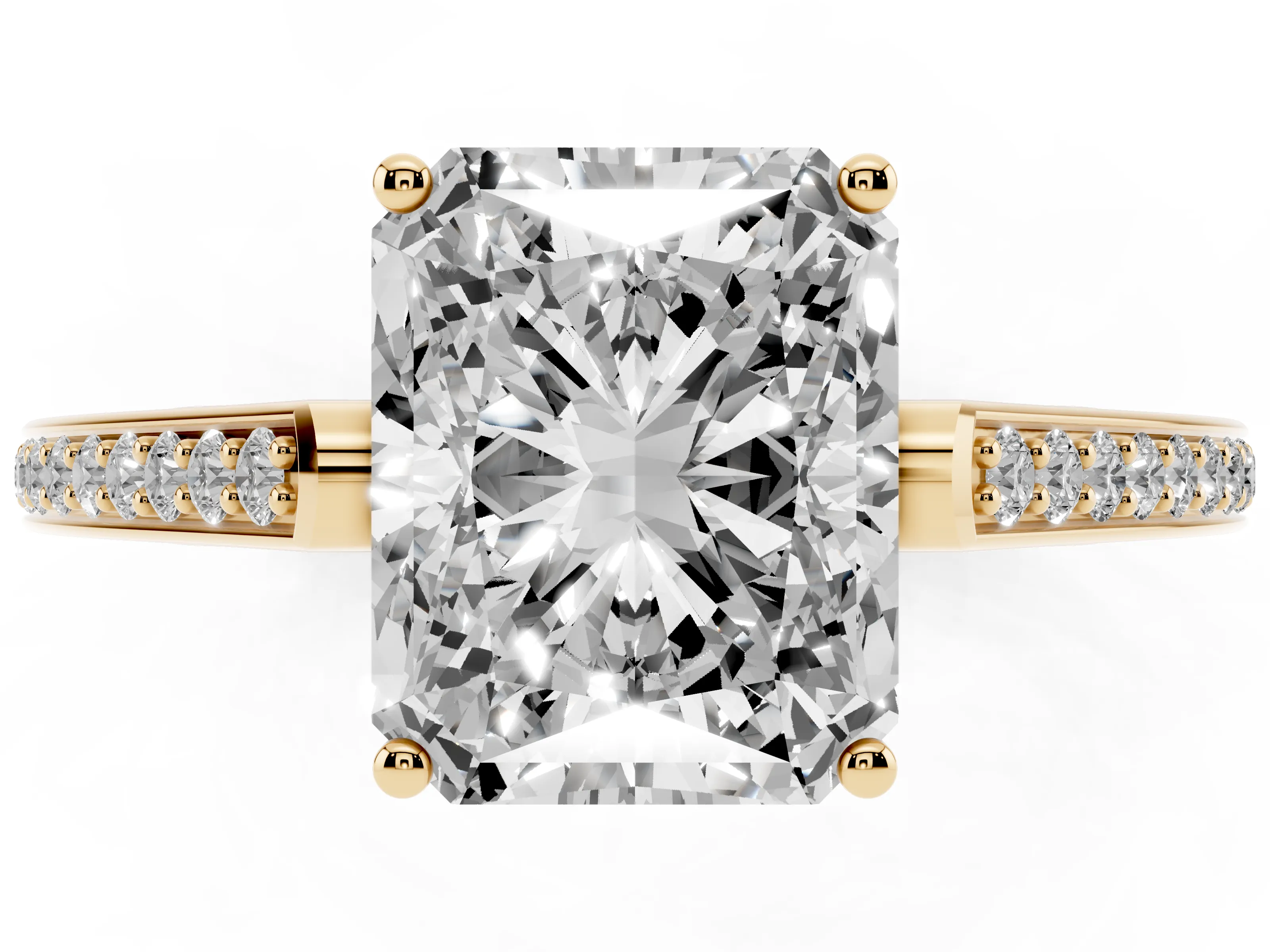 Radiant Cut Diamond Cathedral Pavé Engagement Ring Set in Yellow gold with Prong Setting