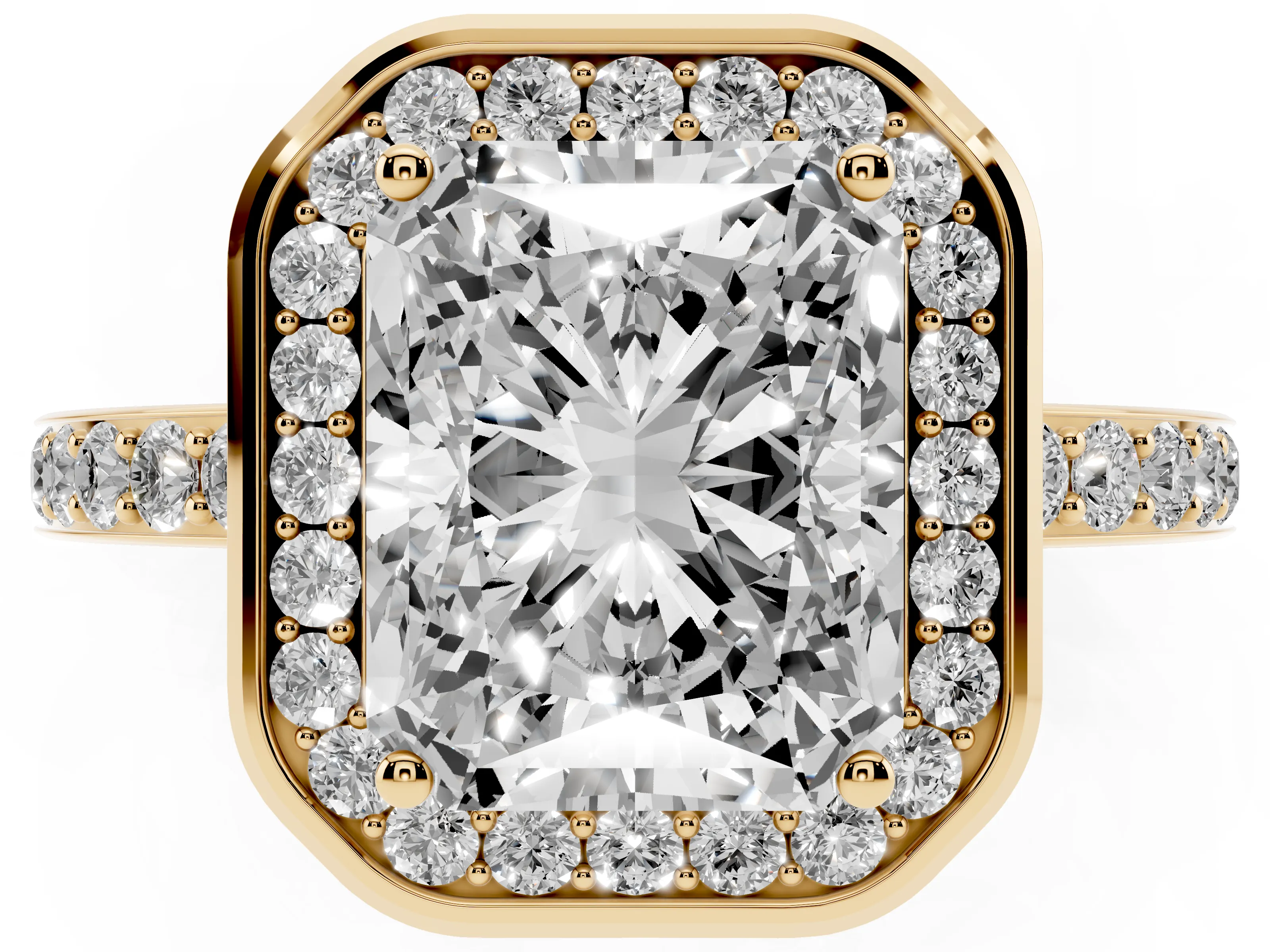 Radiant Cut Diamond Halo Ring Set in Yellow gold with Bezel Frame and Pavé Band