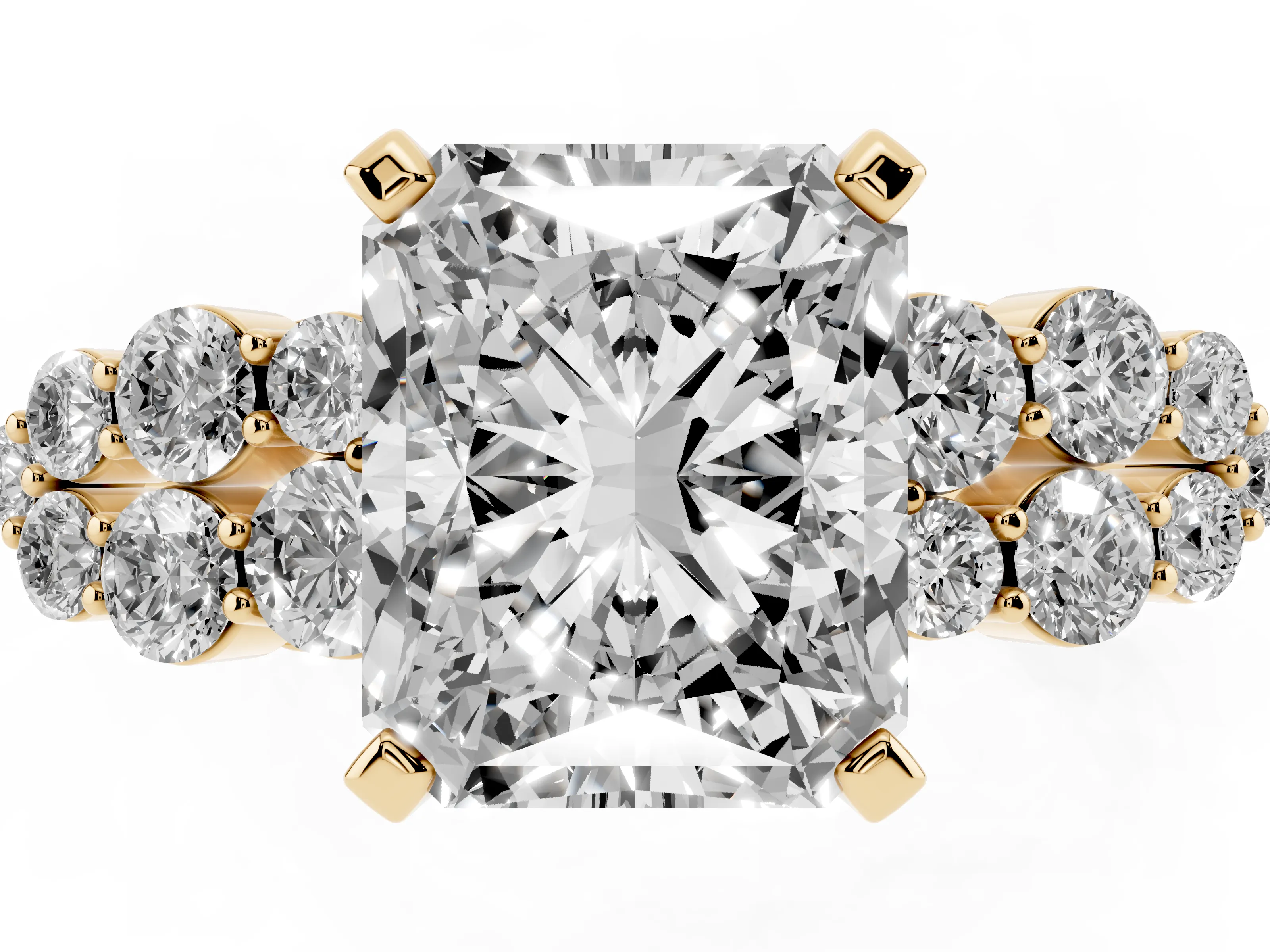 Radiant Cut Diamond Cluster Engagement Ring Set in Yellow gold with Pavé Band and Prong Setting