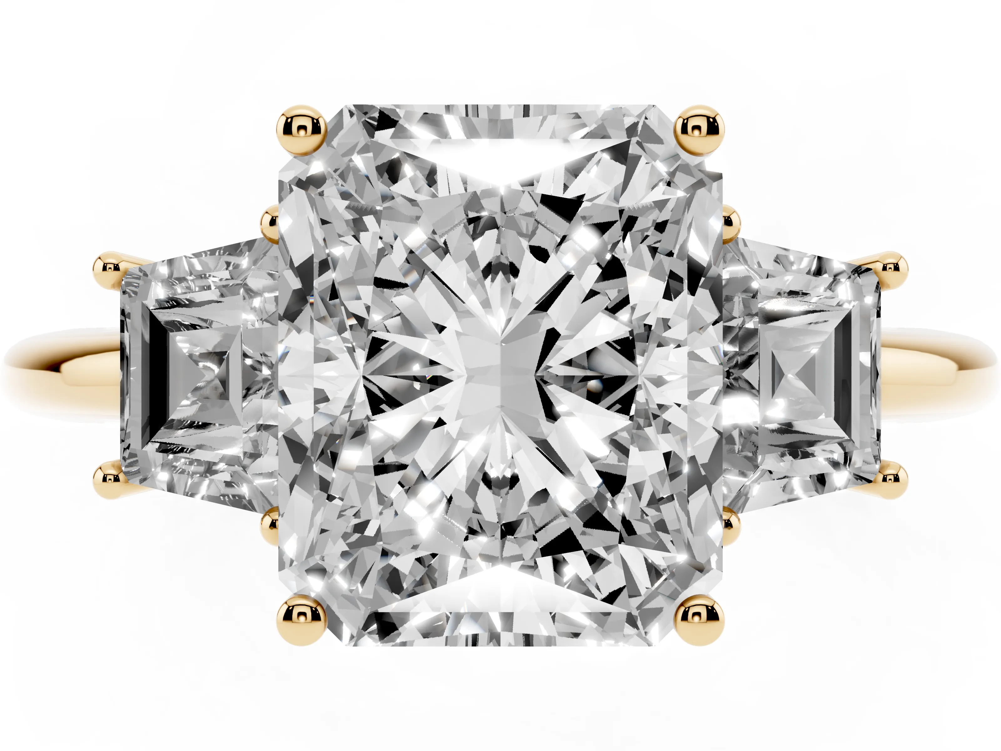 Radiant Cut Diamond Three-Stone Ring Set in Yellow gold with Trapezoid Side Stones and Prong Setting