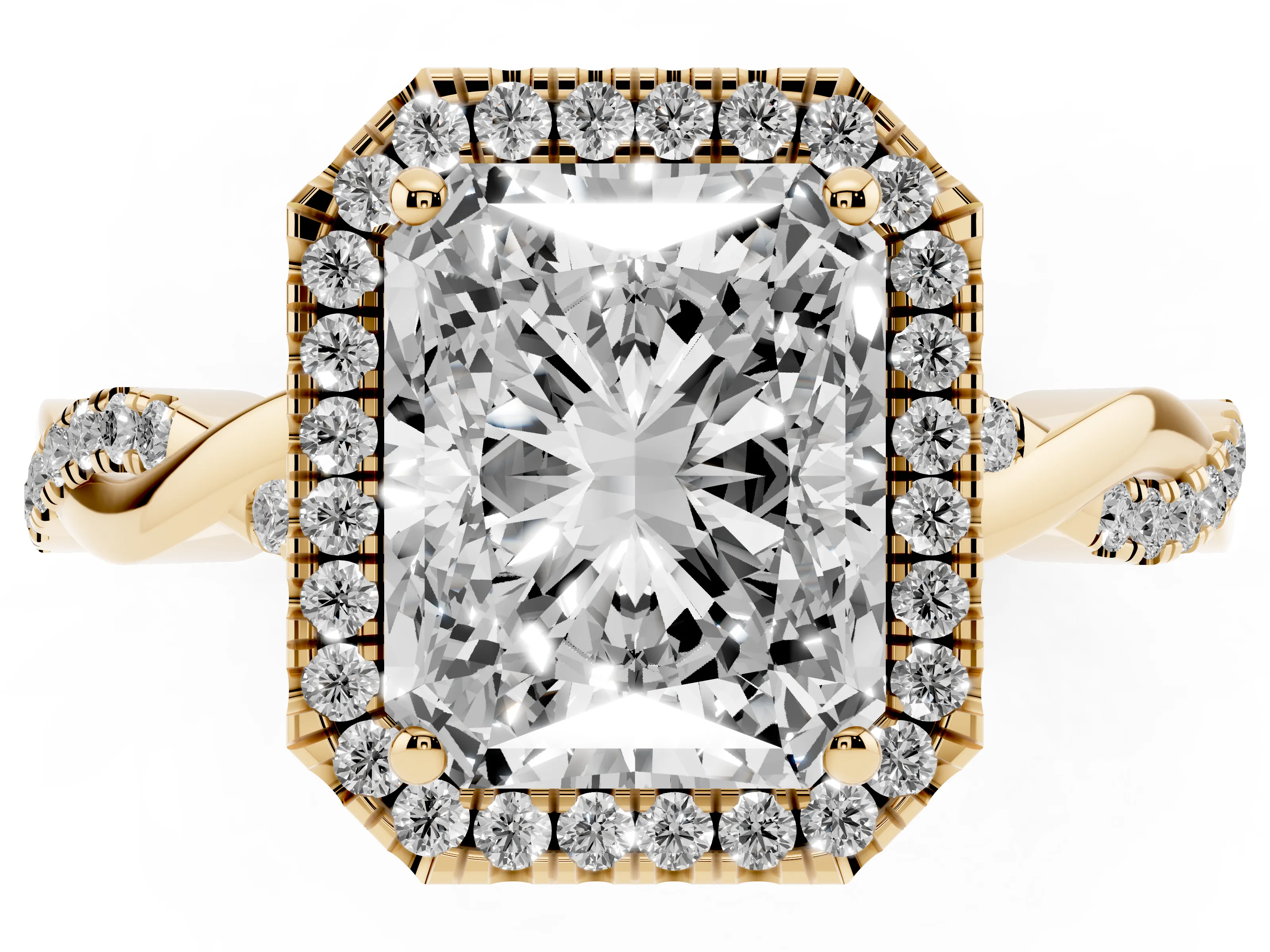 Radiant Cut Diamond Halo Twisted Band Ring Set in Yellow gold with Prong Setting