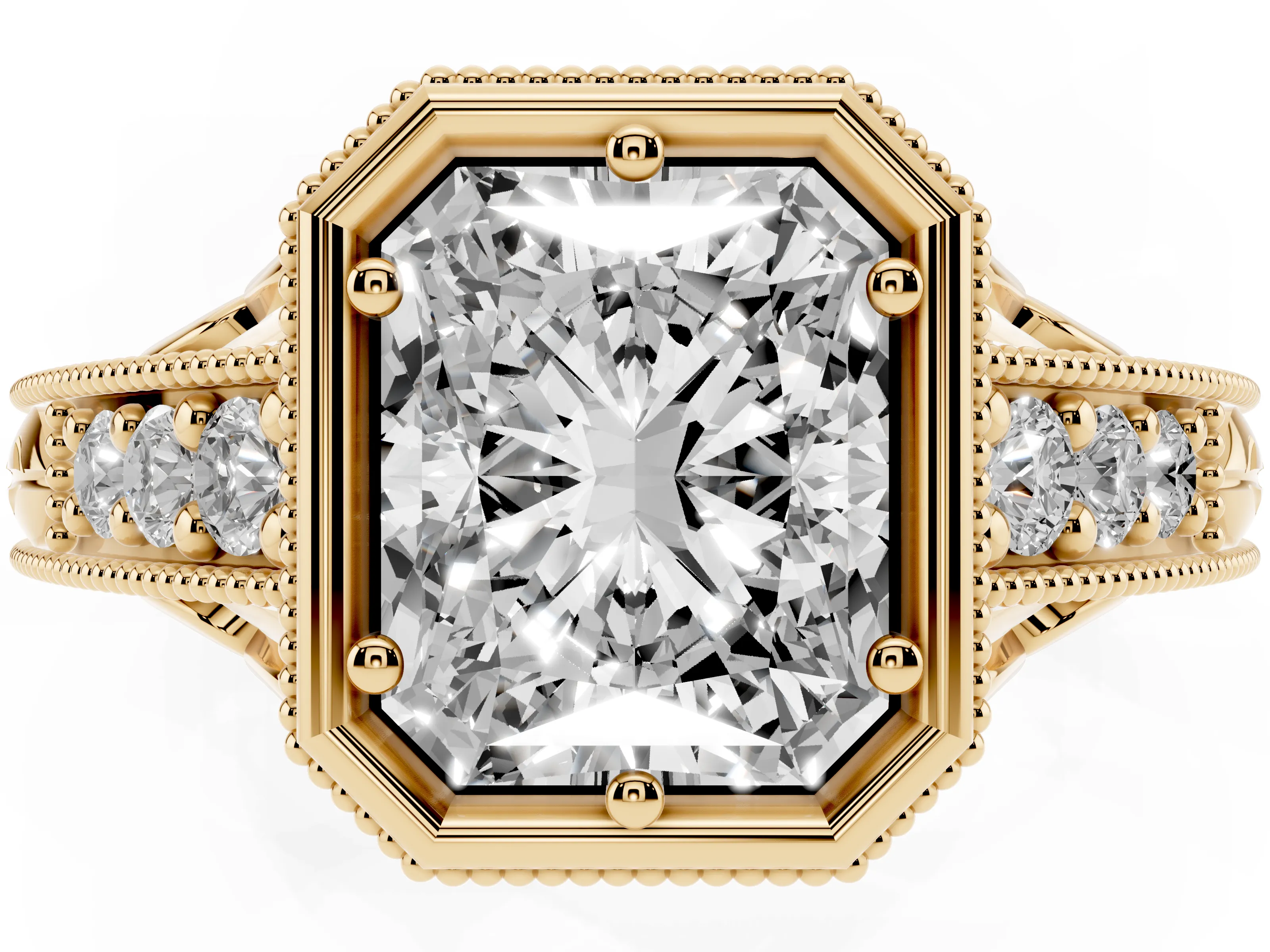 Bezel Set Radiant Cut Diamond Milgrain Pavé Engagement Ring Set in Yellow gold