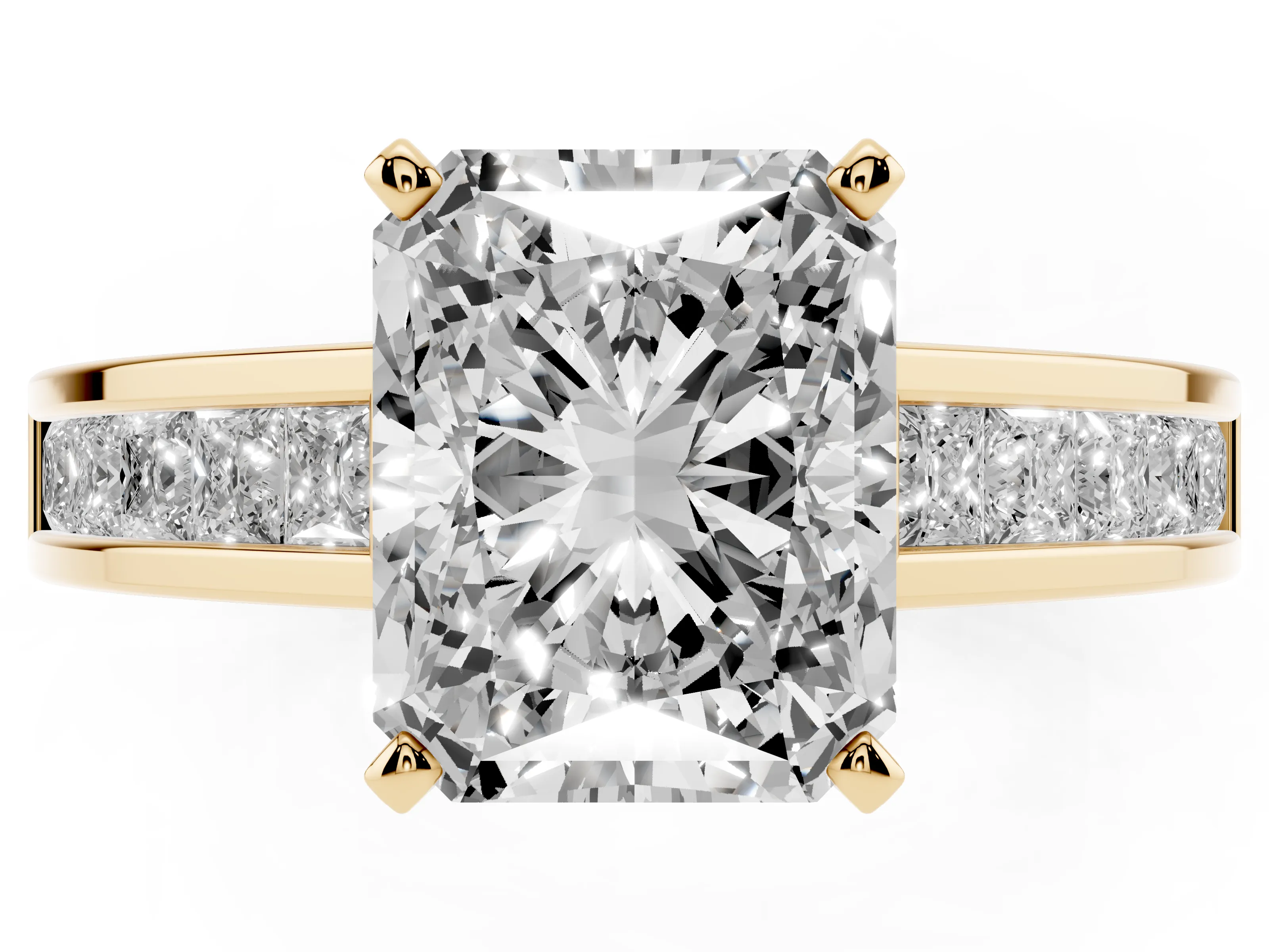 Radiant Cut Diamond Solitaire Ring Set in Yellow gold with Channel-Set Band and Prong Setting