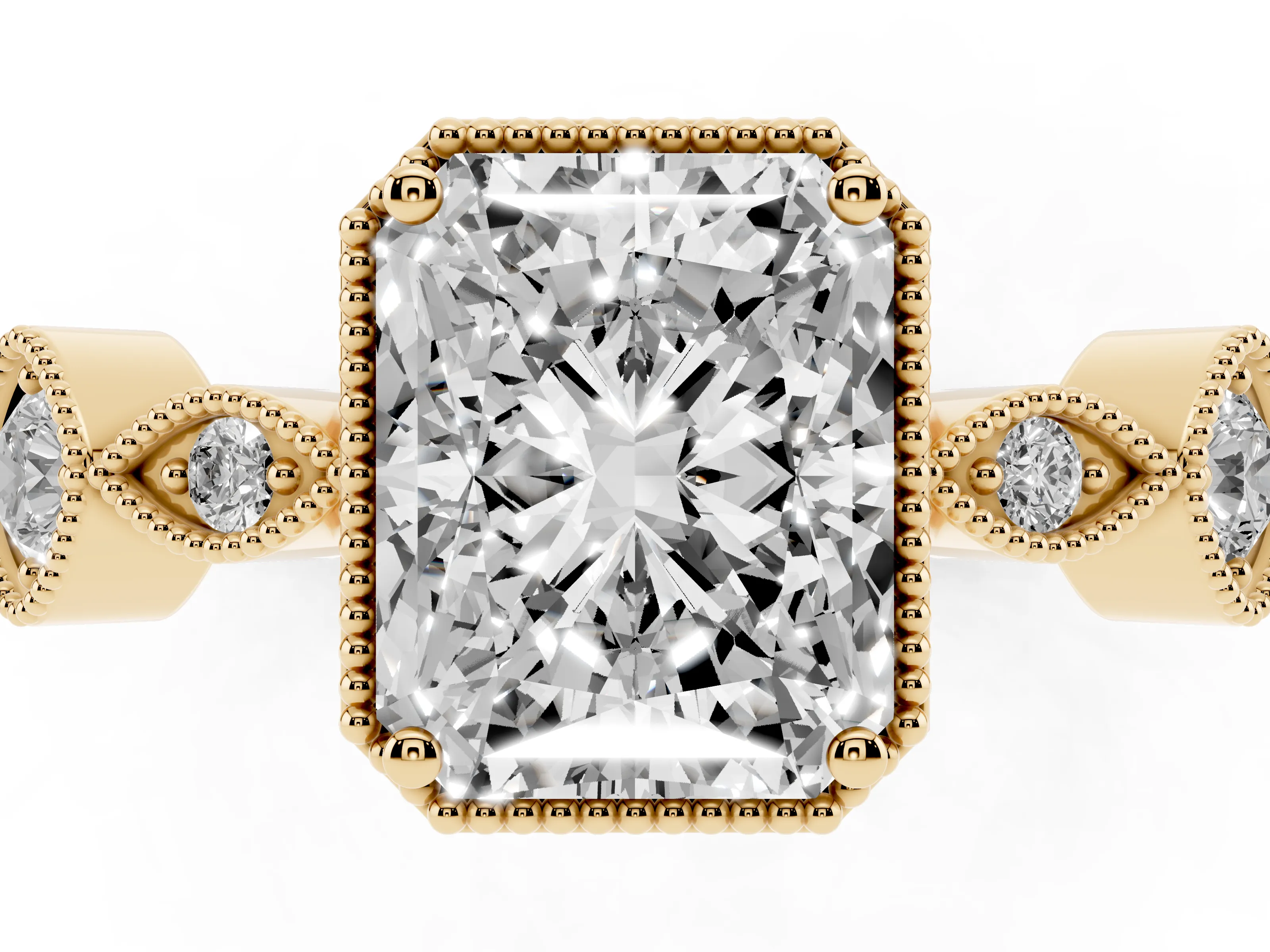 Radiant Cut Diamond Vintage-Inspired Milgrain Ring Set in Yellow gold with Marquise Stations of Round Accents