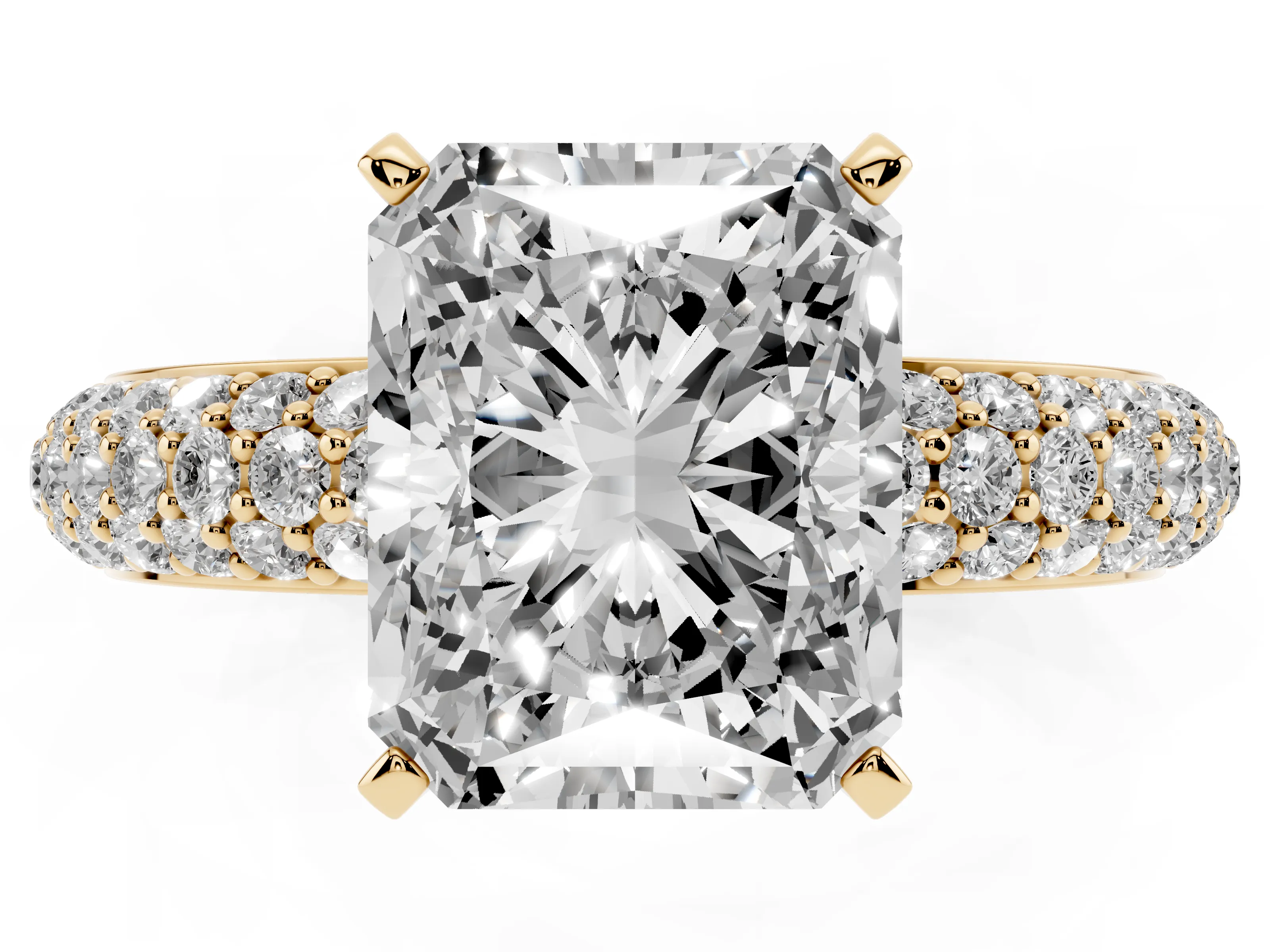 Radiant Cut Diamond Solitaire Ring Set in Yellow gold with Prong Setting and Pavé-Set Band