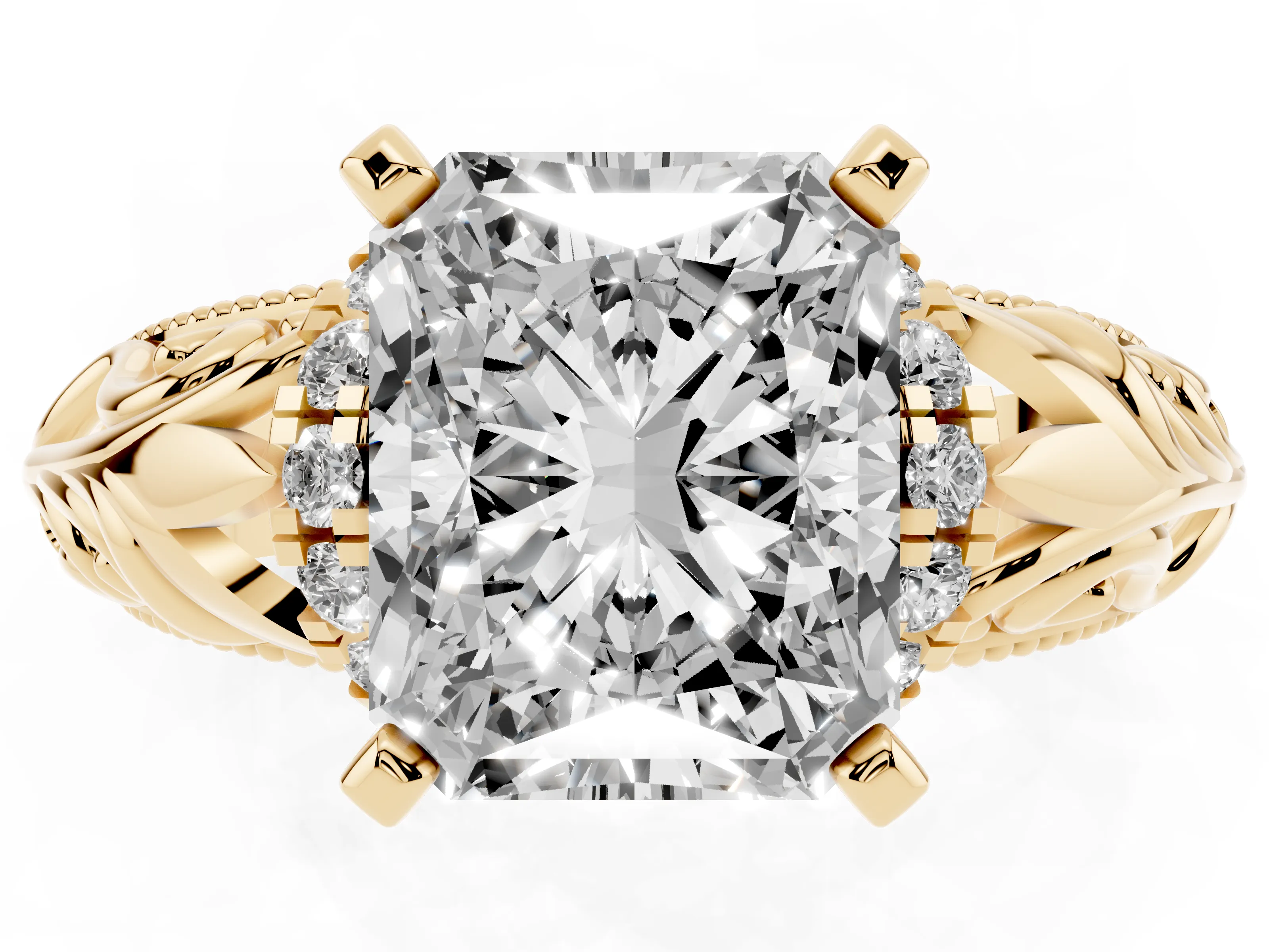 Radiant Cut Diamond Filigree Halo Engagement Ring Set in Yellow gold with Prong Setting