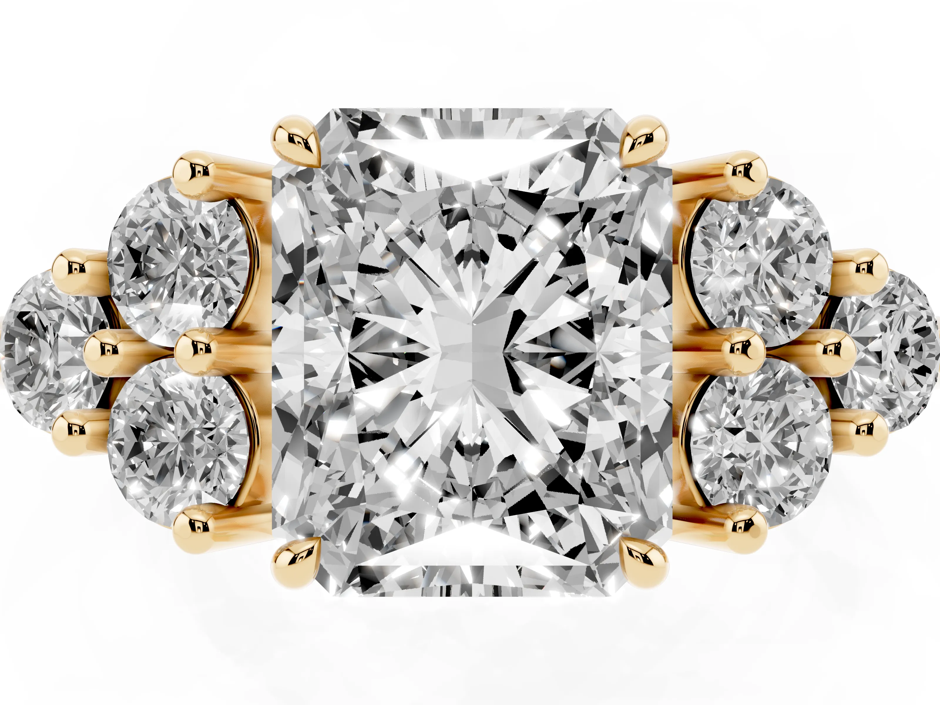 Radiant Cut Diamond Solitaire Ring Set in Yellow gold with Cluster Accents on Each Side