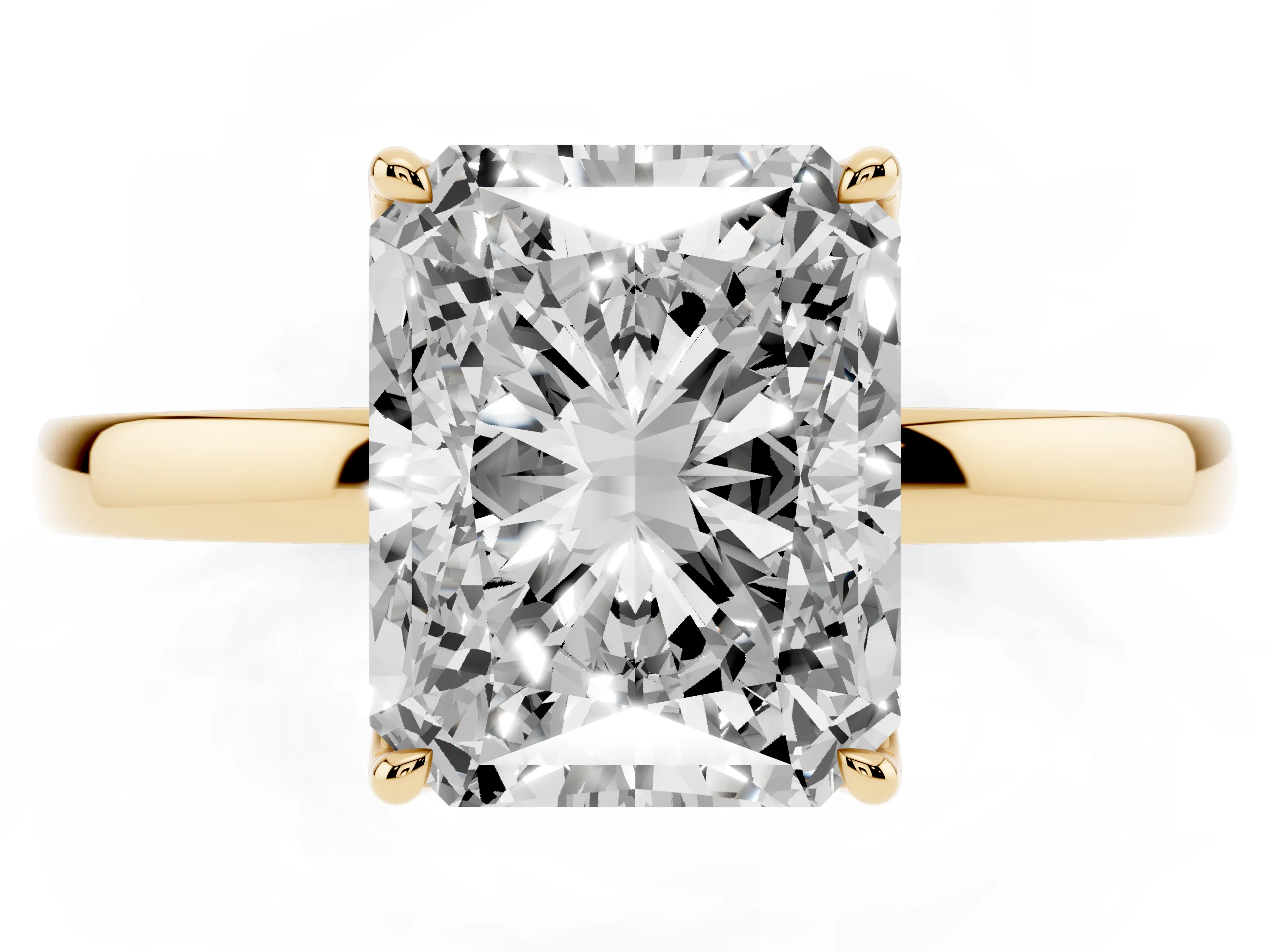 Radiant Cut Diamond Solitaire Ring Set in Yellow gold with Prong Setting and Thin Polished Band