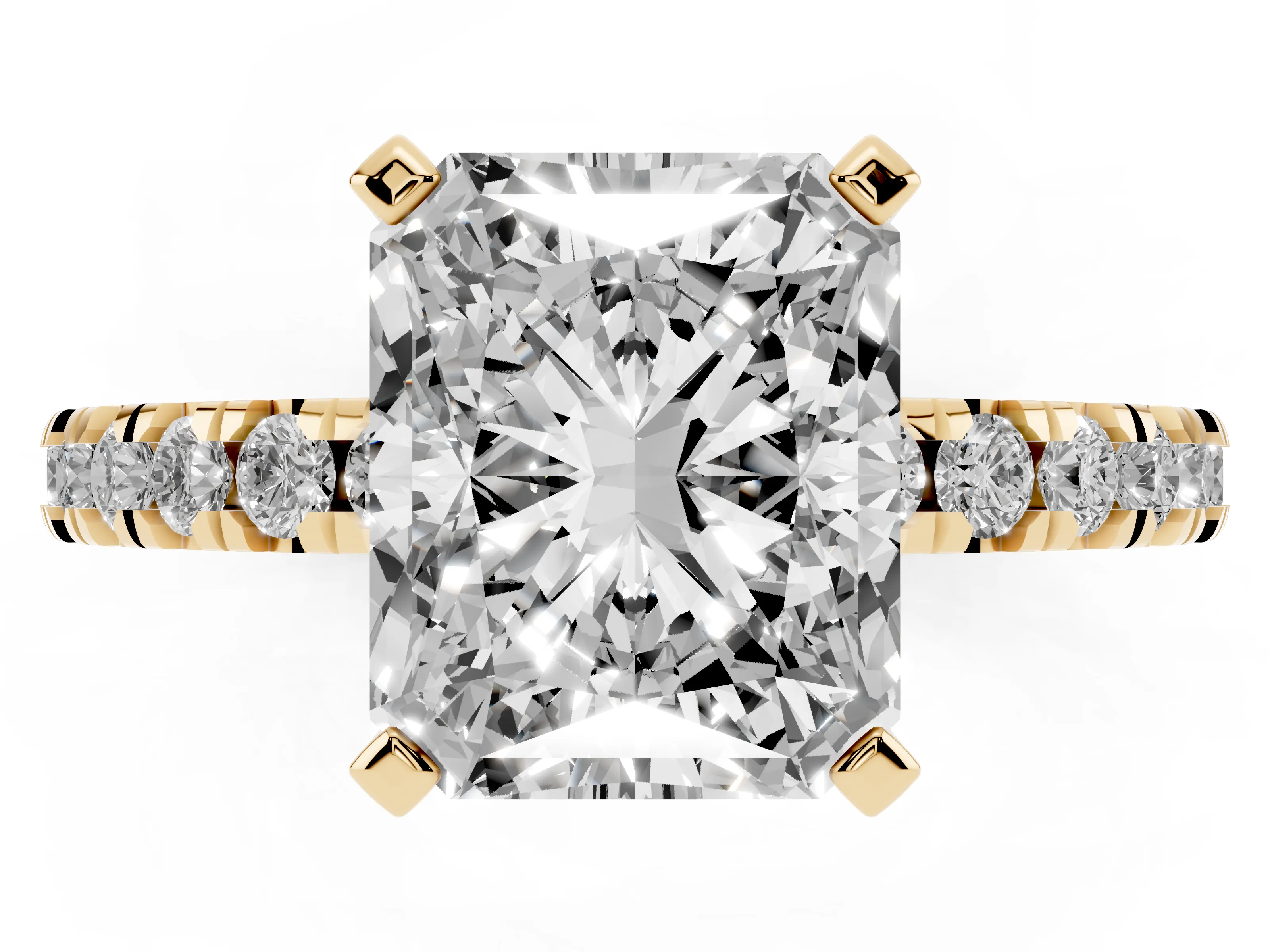 Radiant Cut Diamond Pavé Band Solitaire Set in Yellow gold with Prong Setting