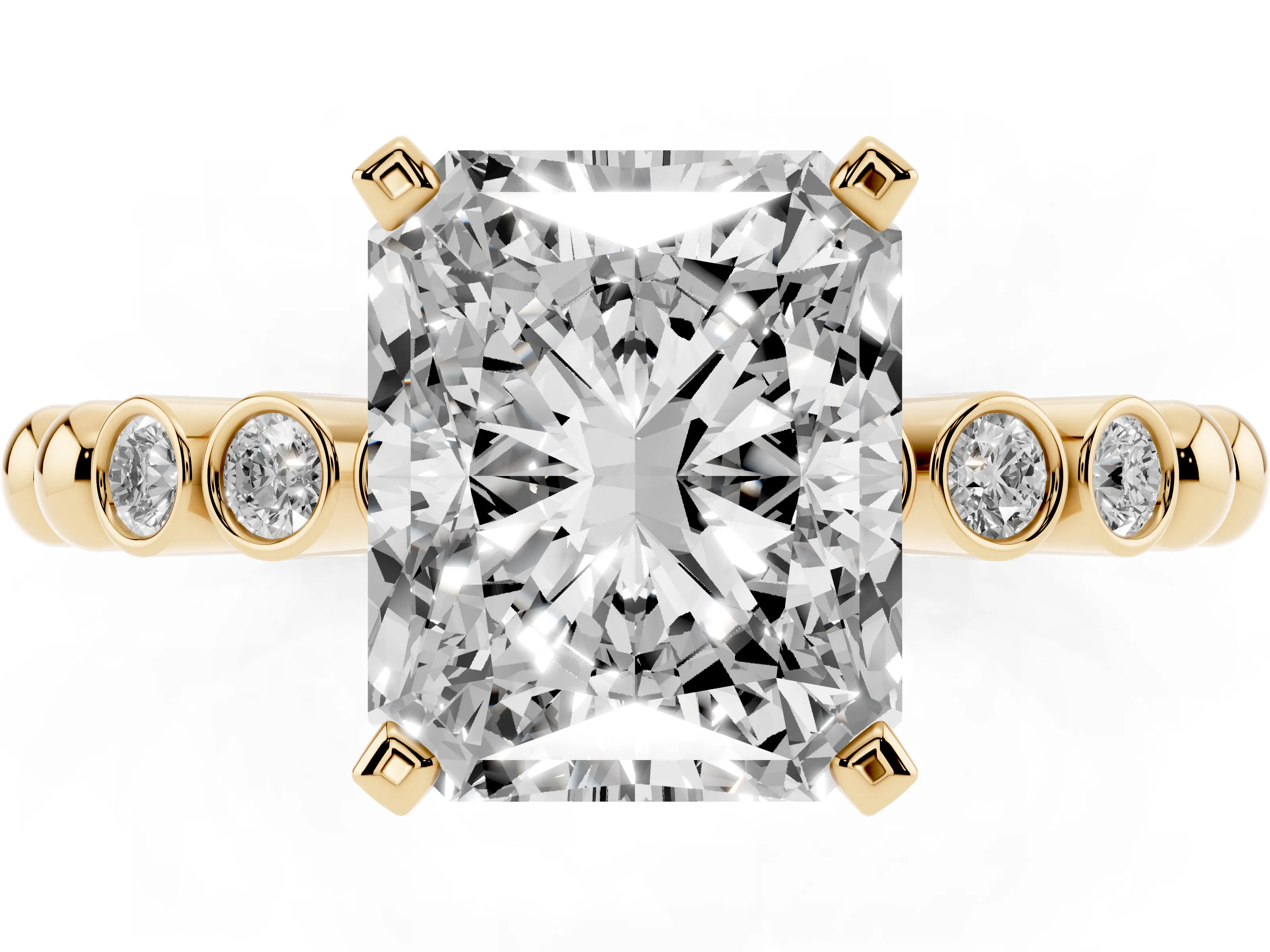 Radiant Cut Diamond Solitaire Engagement Ring Set in Yellow gold with Bezel Accents on Beaded Band