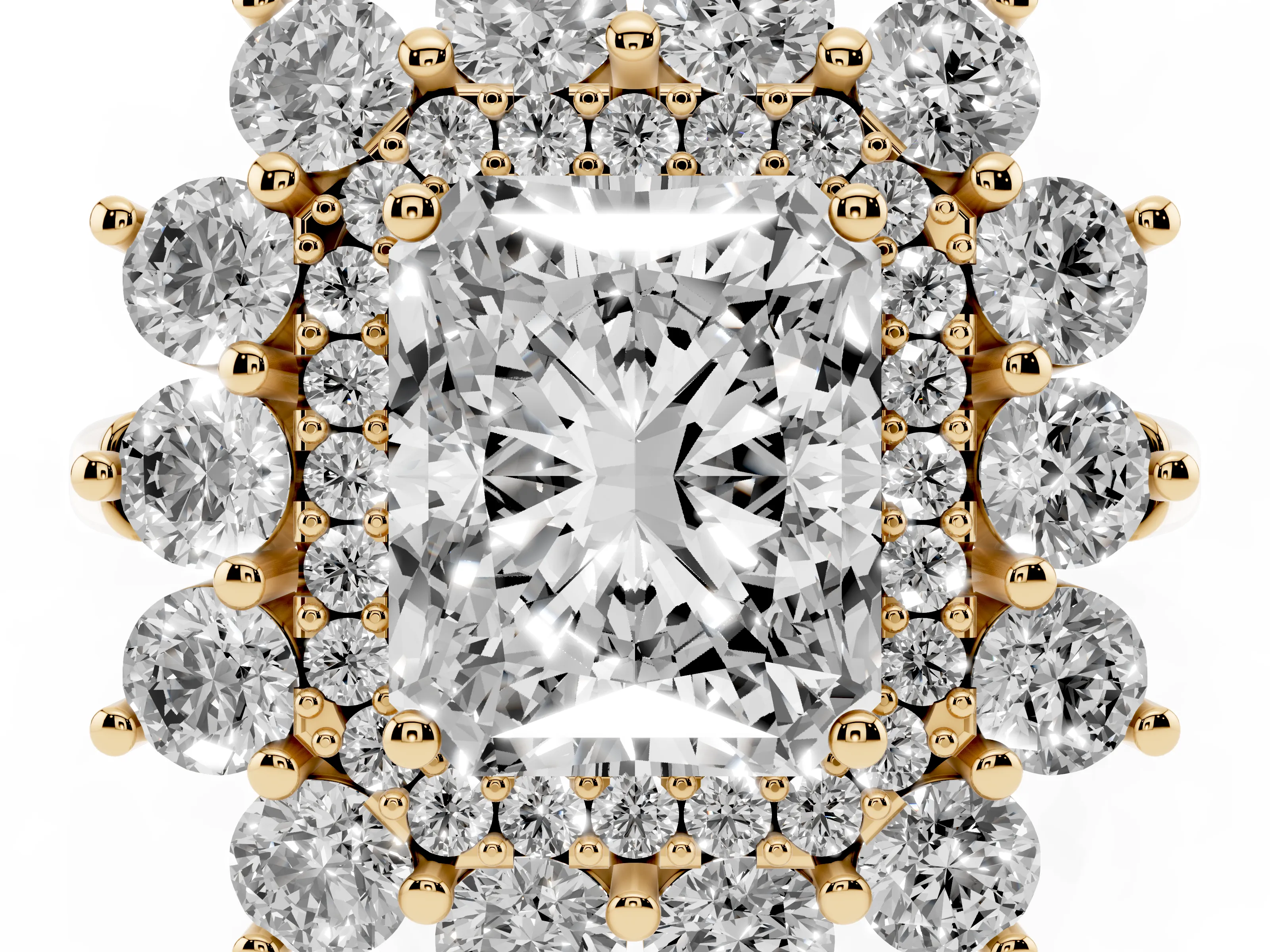 Radiant Cut Diamond Floral Double Halo Ring Set in Yellow gold with Round Petals