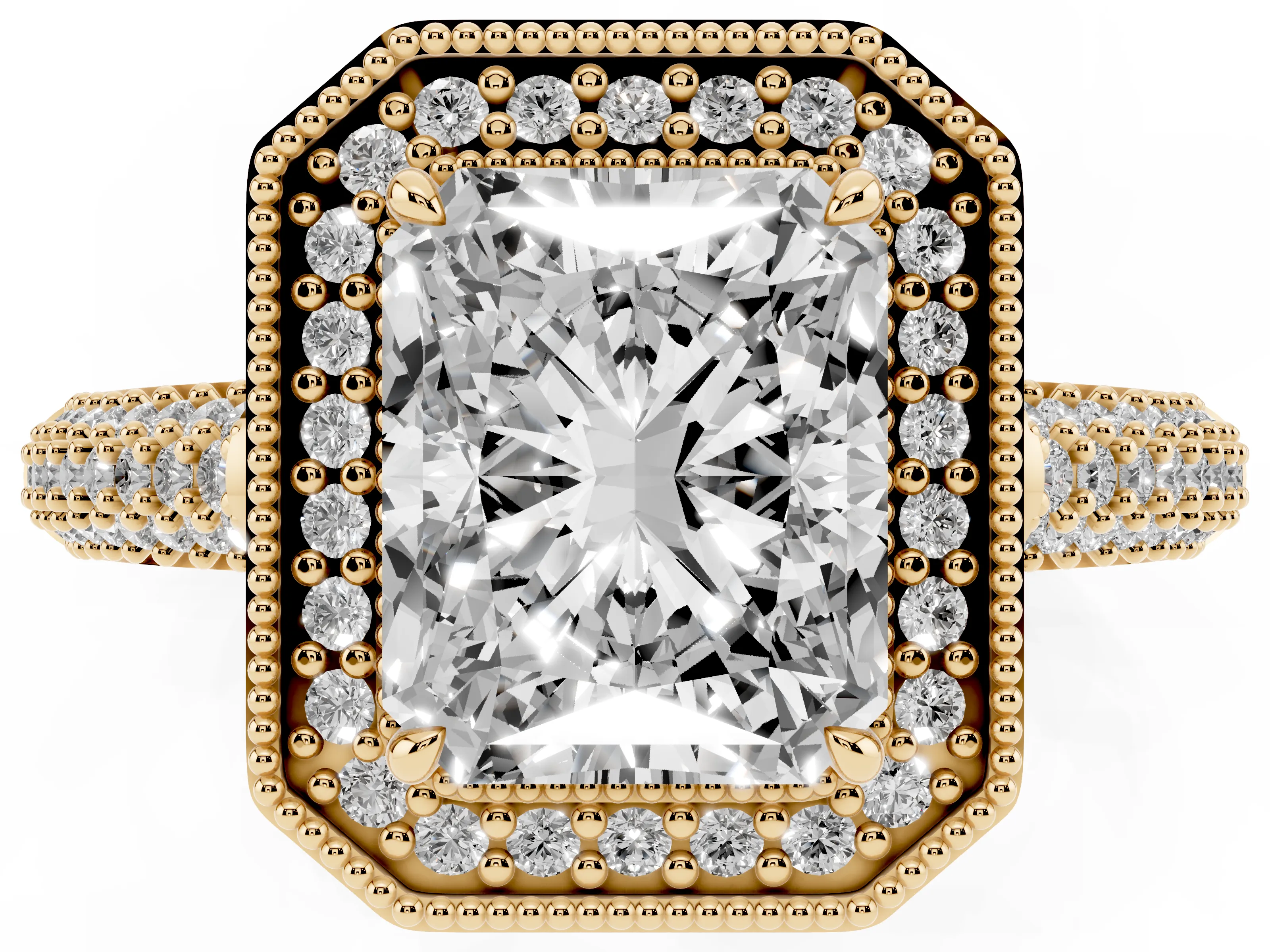 Radiant Cut Diamond Halo Pavé Band Set in Yellow gold with Prong Setting