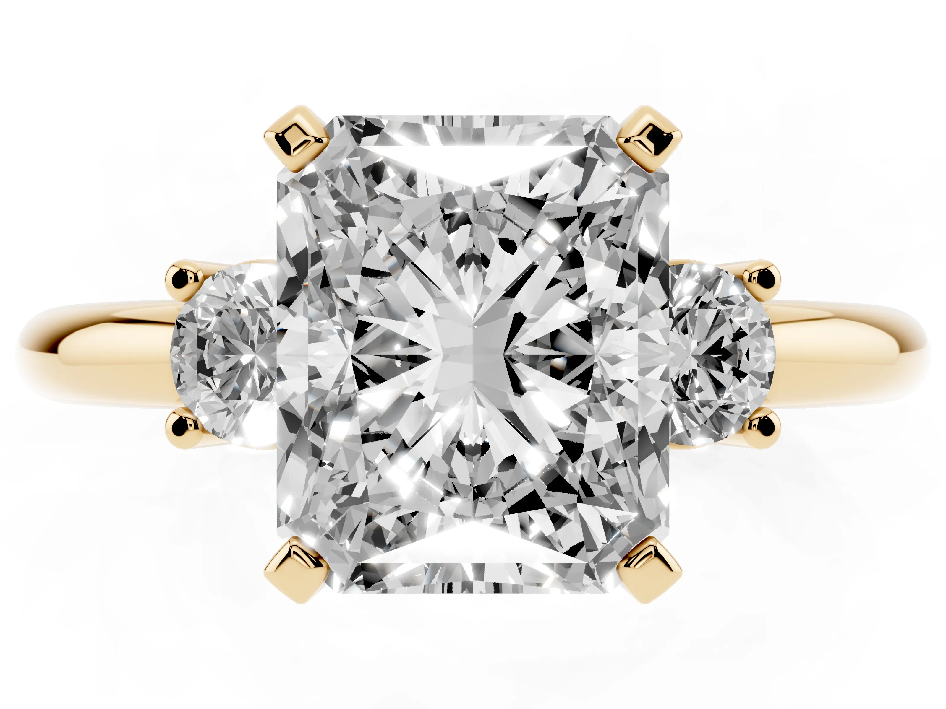Three-Stone Radiant Cut Diamond Ring Set in Yellow gold with Prong Setting and Plain Band