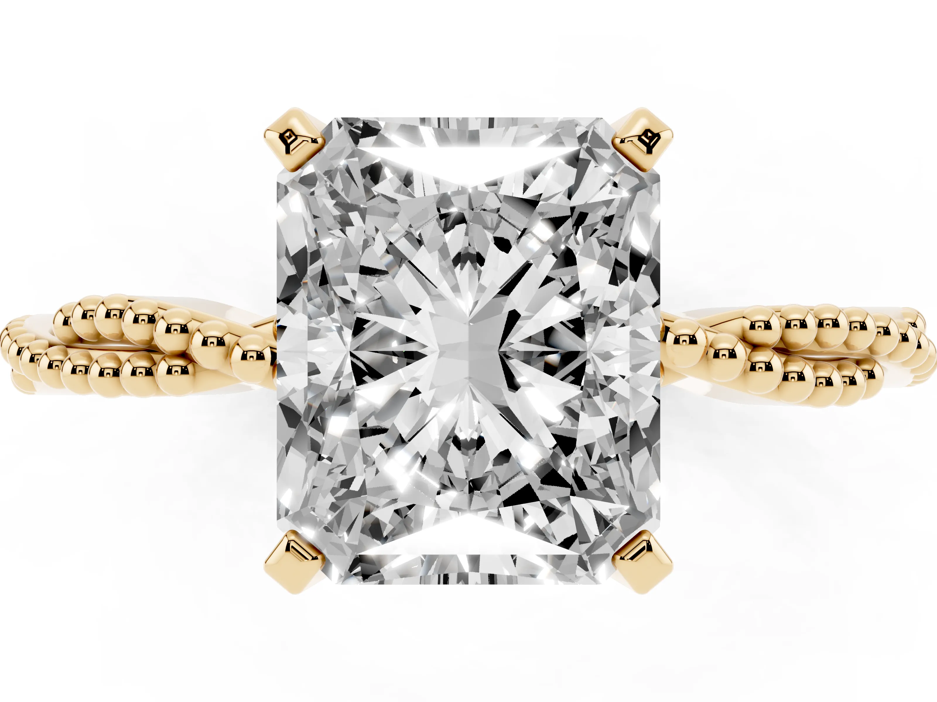 Radiant Cut Diamond Solitaire Ring Set in Yellow gold with Twisted Band and Bead Prong Setting