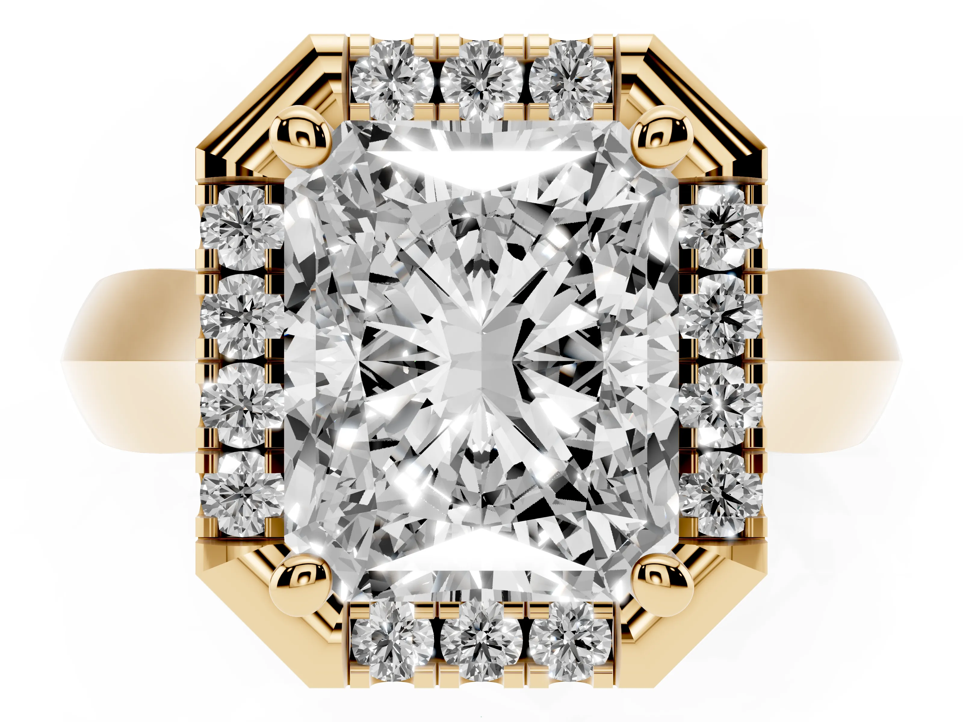 Radiant Cut Diamond Halo Solitaire Engagement Ring Set in Yellow gold with Square Band and Prong Setting