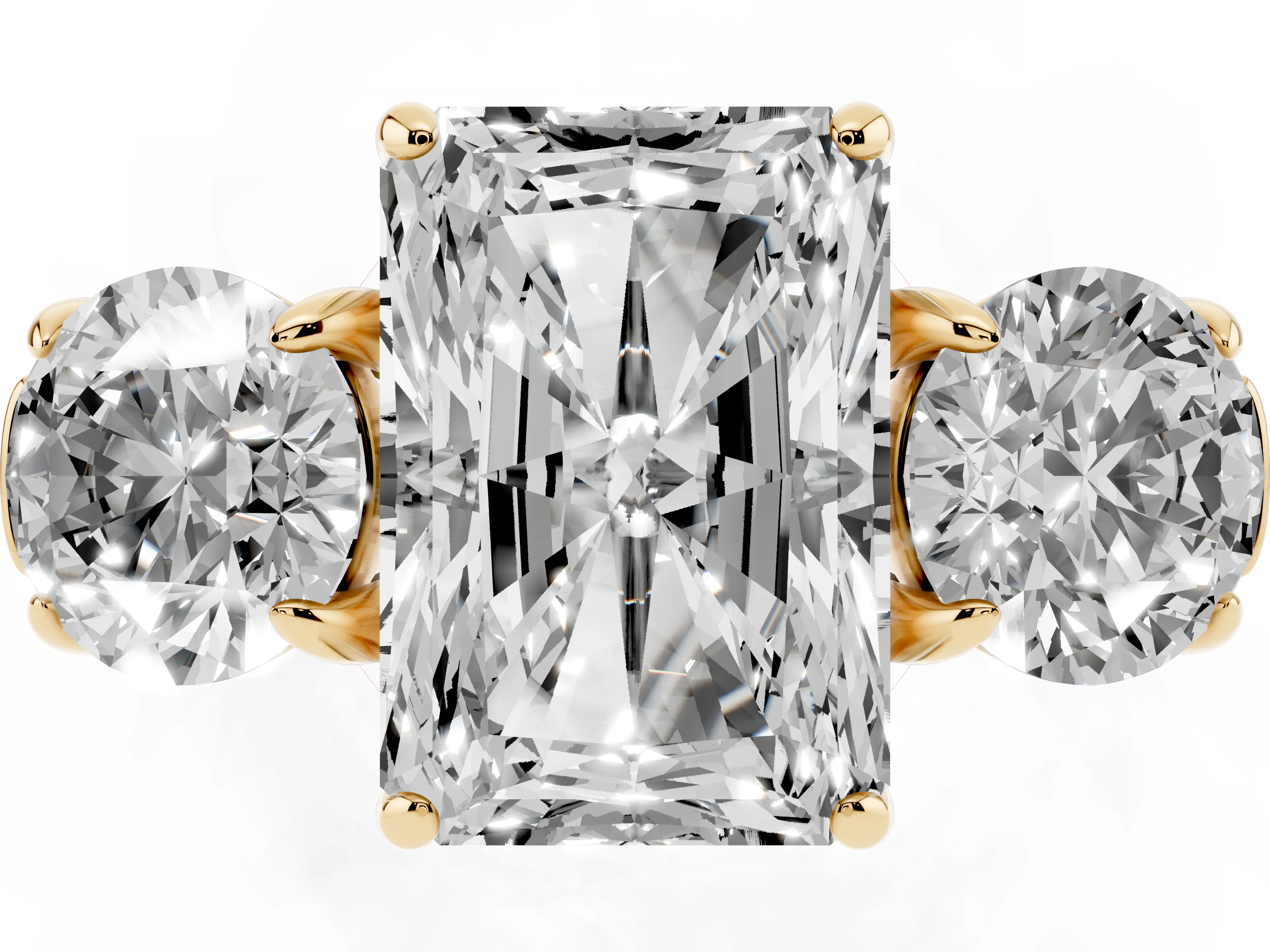 Radiant Cut Diamond Three-Stone Ring Set in Yellow gold with Round Accent Stones and Plain Band
