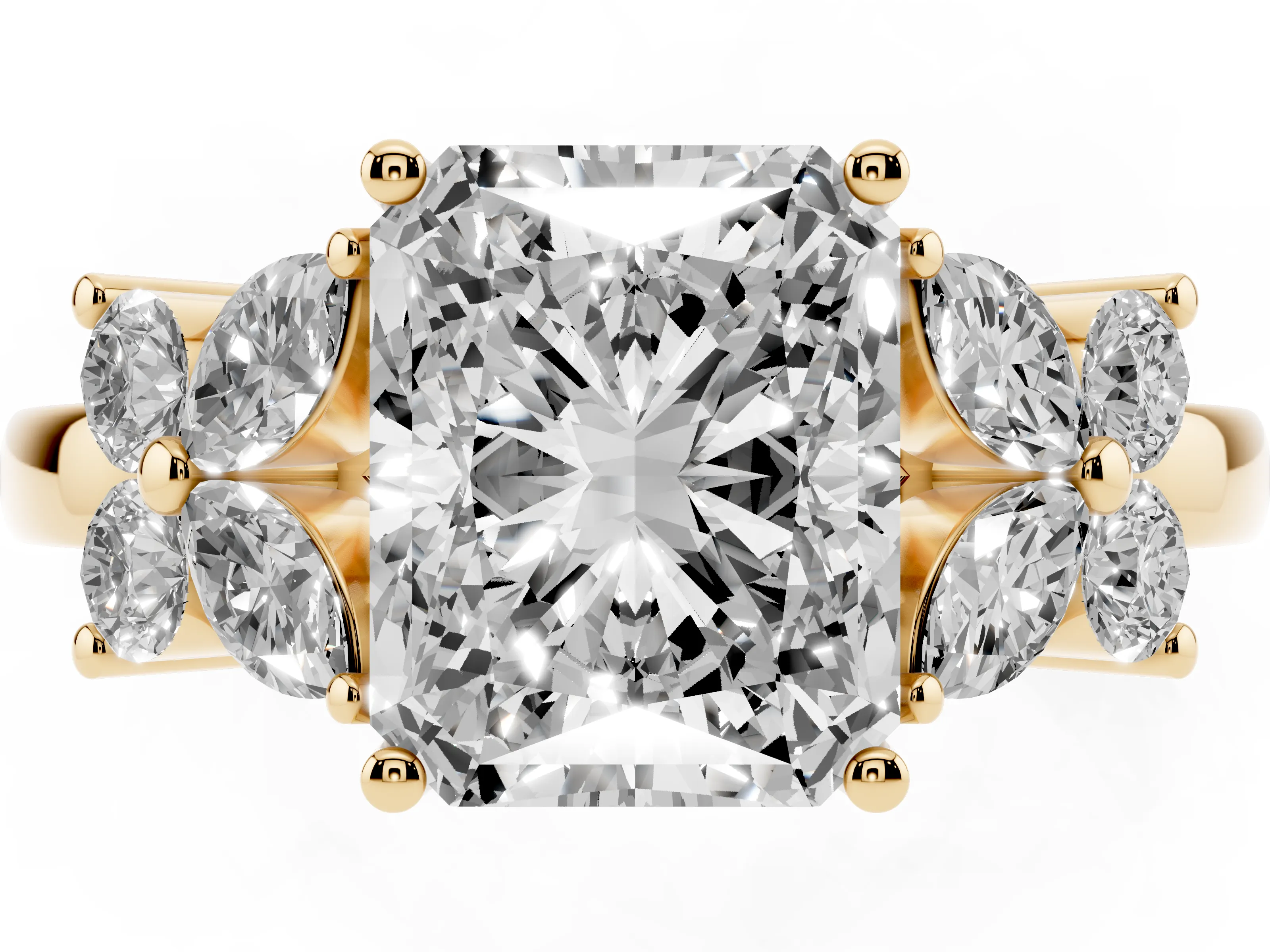 Radiant Cut Diamond Floral Cluster Ring Set in Yellow gold with Marquise Petals and Prong Setting