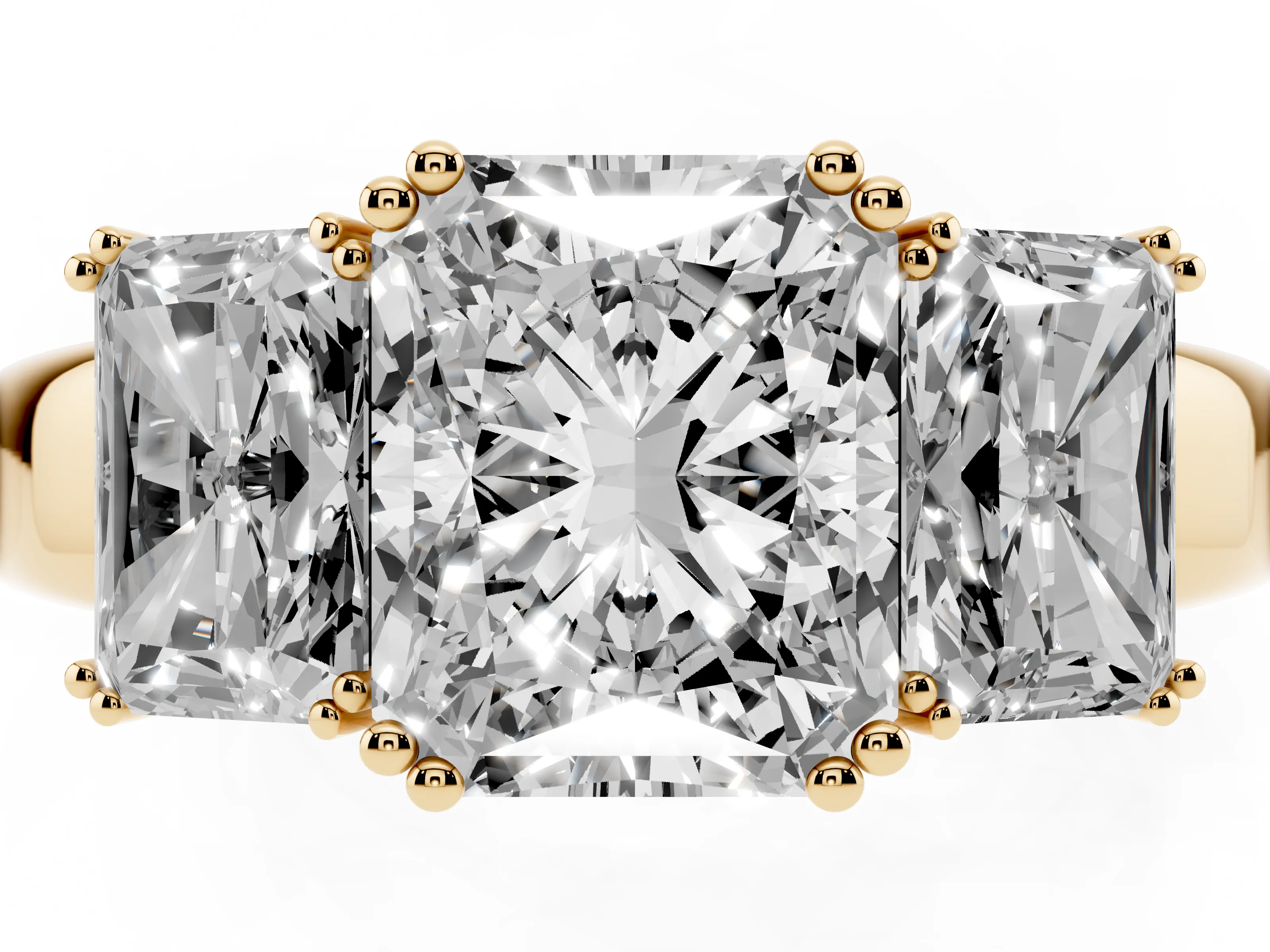 Radiant Cut Diamond Three-Stone Ring Set in Yellow gold with Polished Channel-Set Band