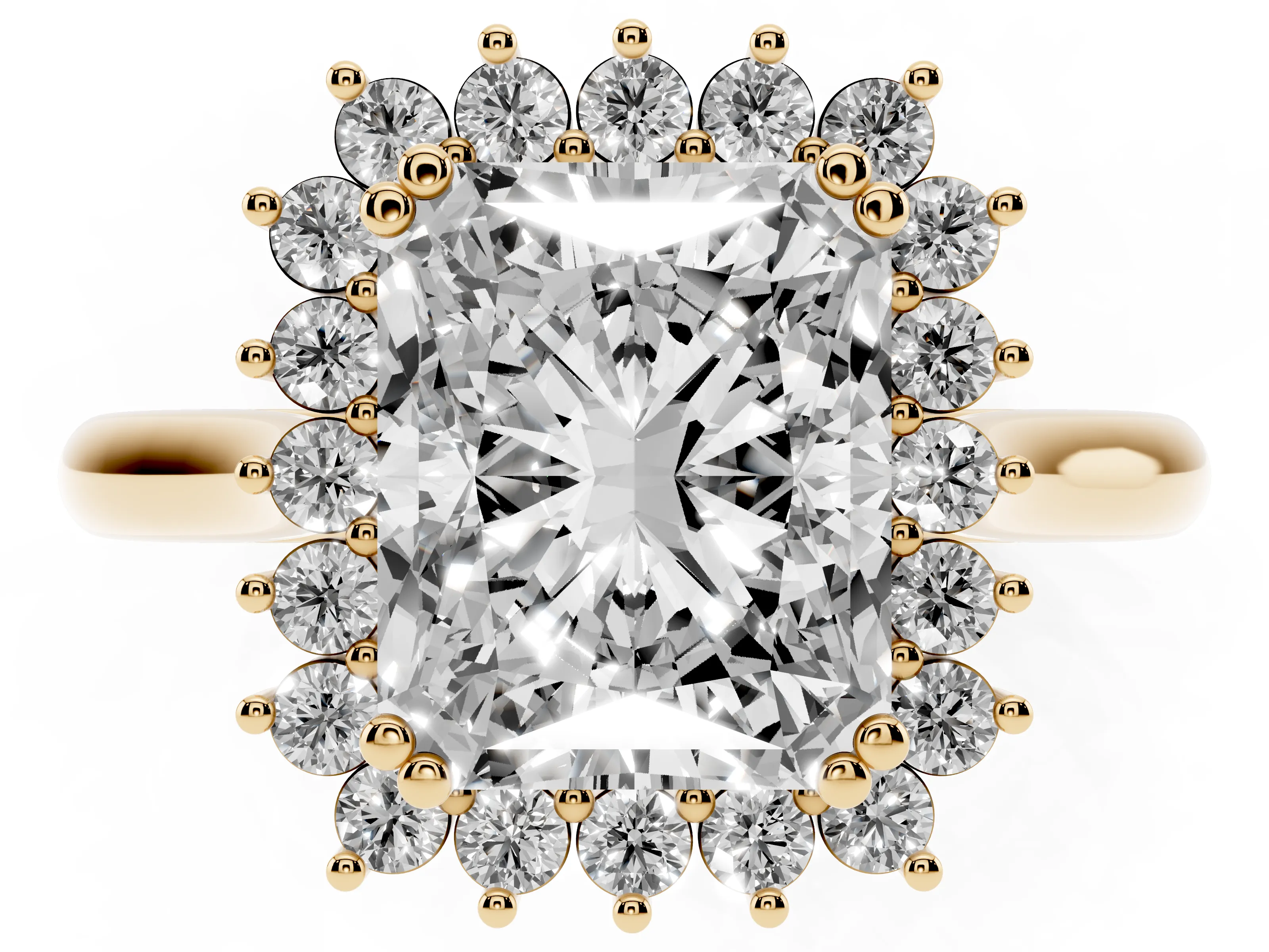 Radiant Cut Diamond Halo Ring Set in Yellow gold with Plain Solitaire Band and Prong Setting