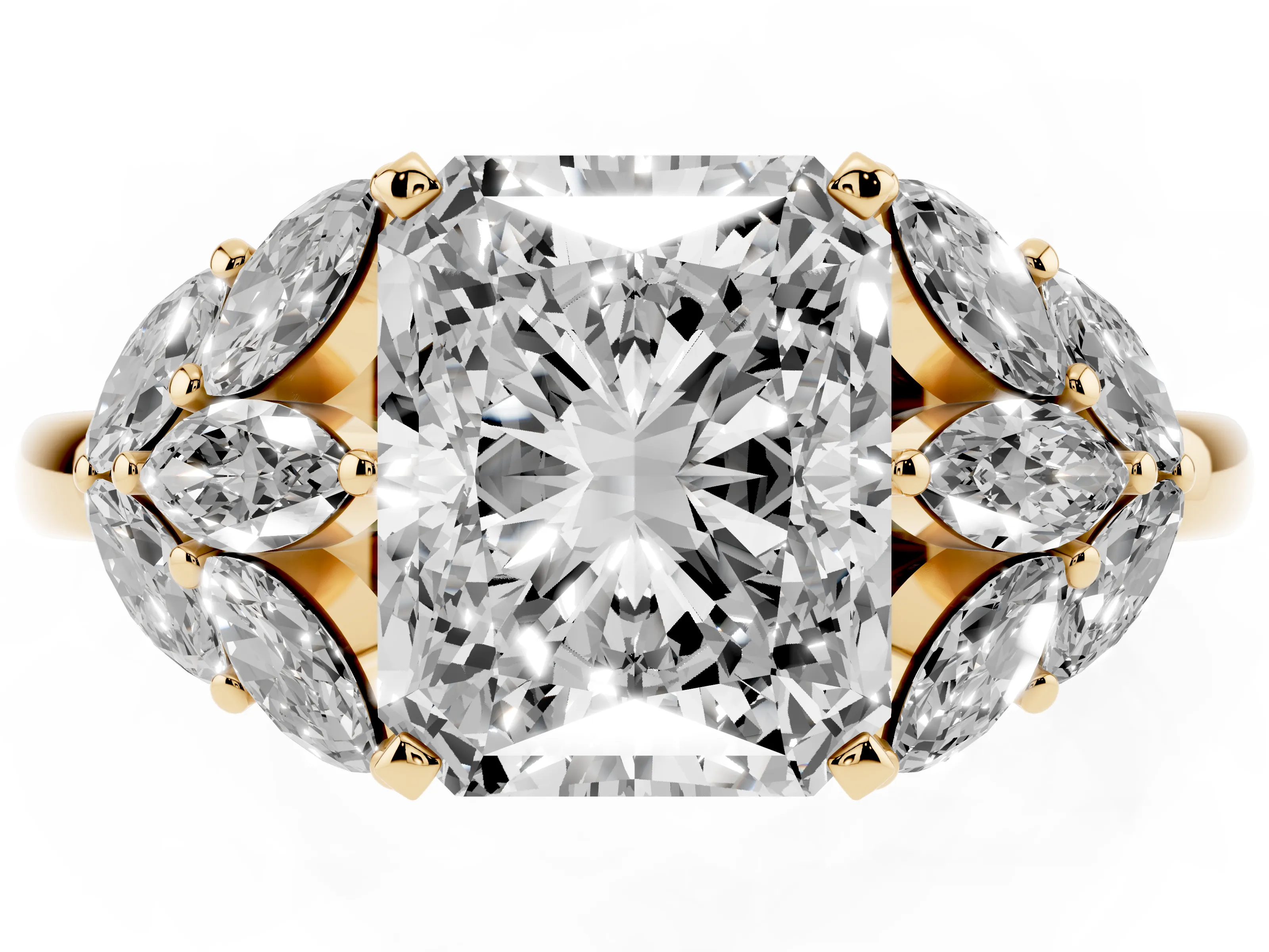 Radiant Cut Diamond Cluster Leaf Design Ring Set in Yellow gold with Prong Setting