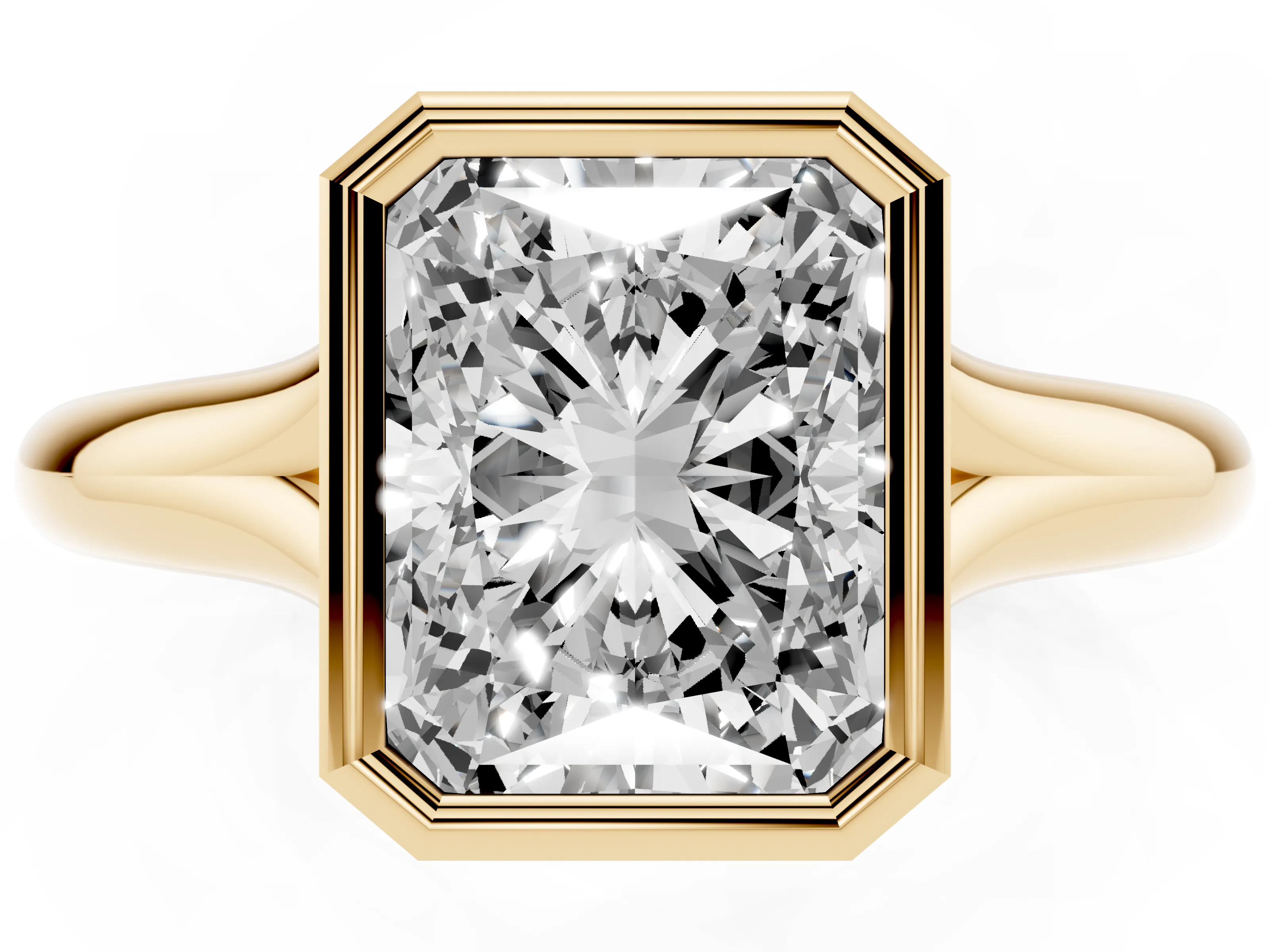 Bezel Set Radiant Cut Diamond Solitaire Ring Set in Yellow gold with Smooth Band