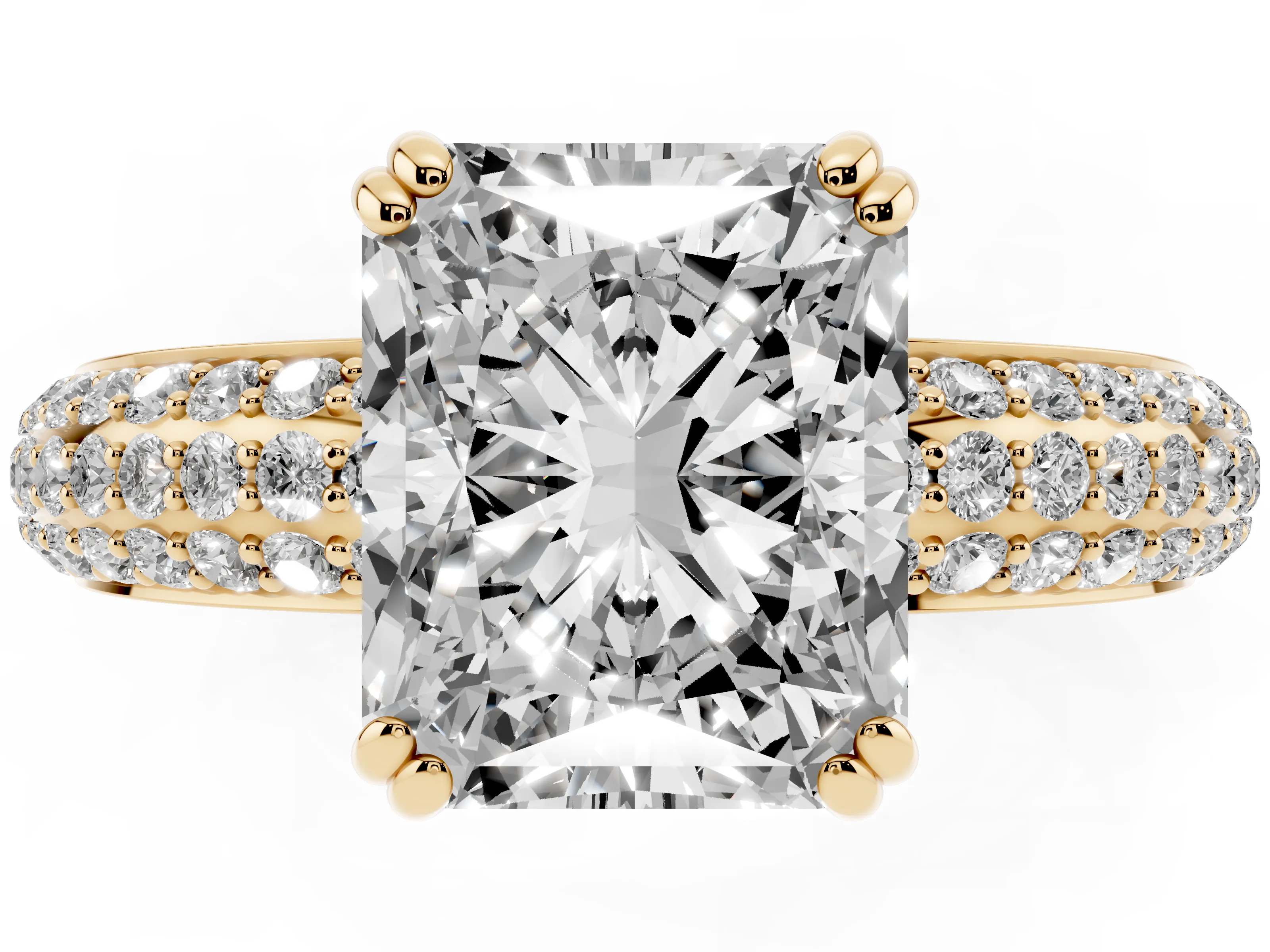 Radiant Cut Diamond Solitaire Ring Set in Yellow gold with Multi-Row Round Pavé Band and Prong Setting