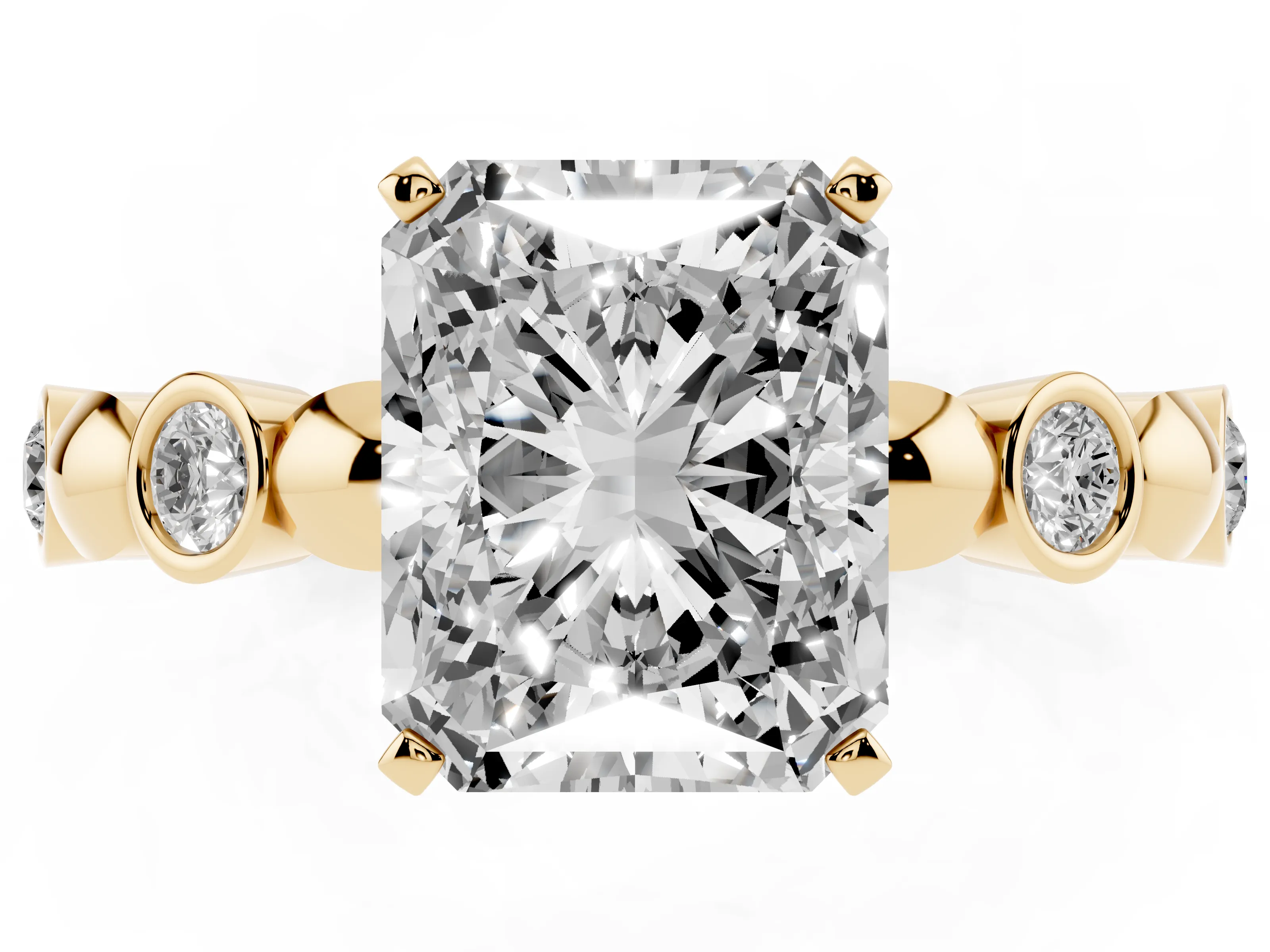 Radiant Cut Diamond Solitaire Ring Set in Yellow gold with Bezel-Set Accents on Beaded Band and Prong Setting