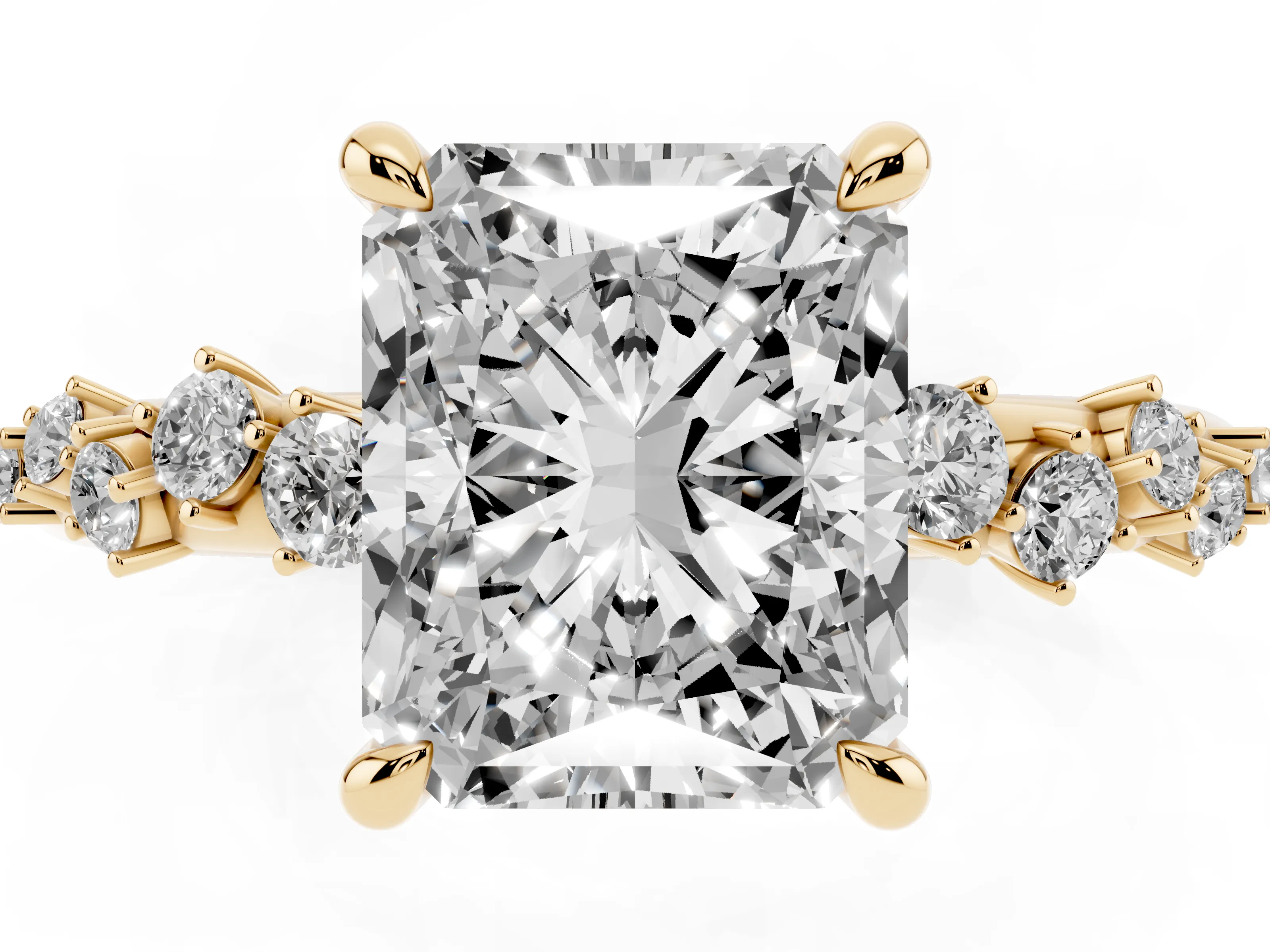 Radiant Cut Diamond Solitaire Vine Band Ring Set in Yellow gold with Round Accents and Prong Setting
