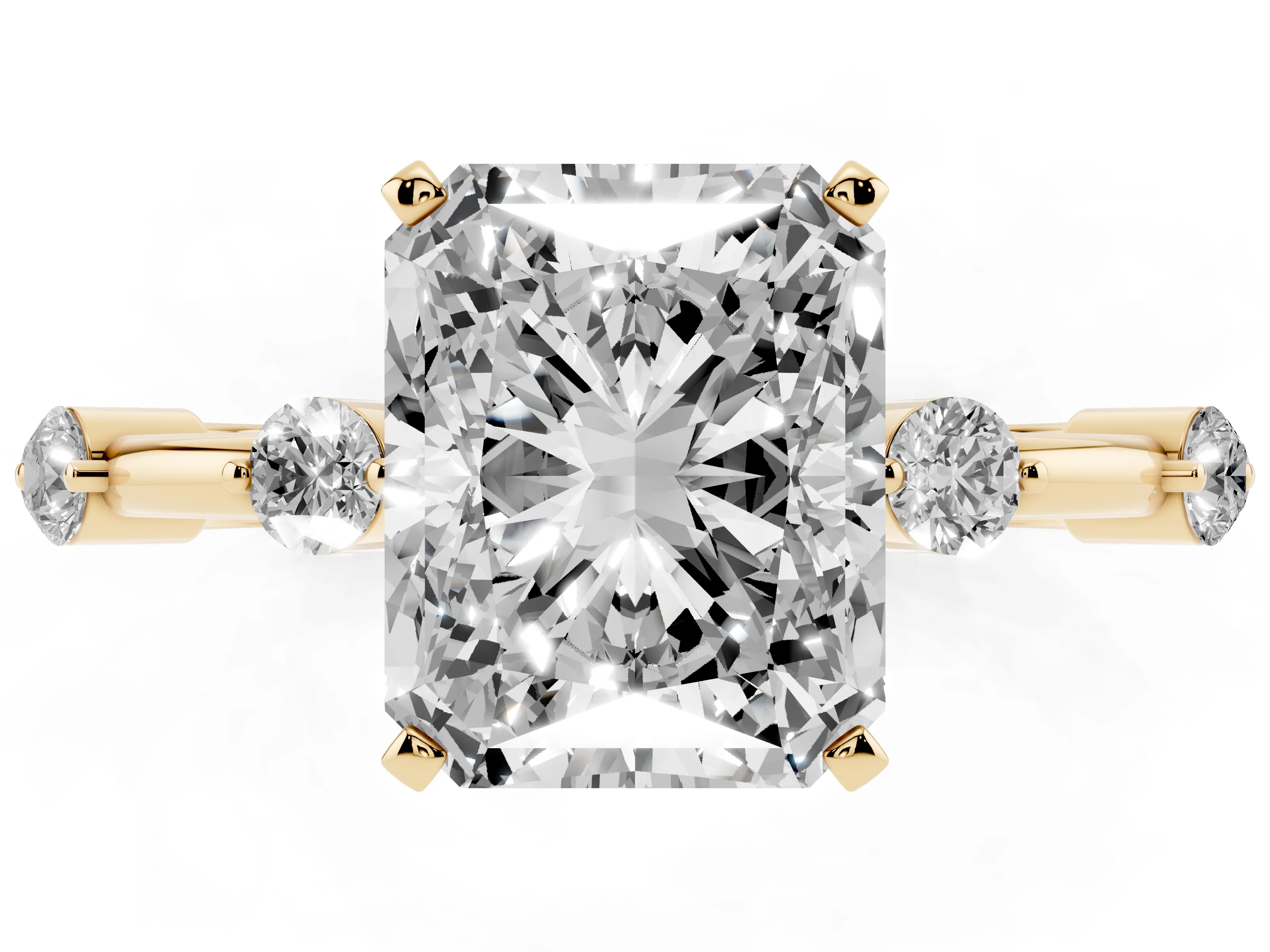 Radiant Cut Diamond Solitaire Ring Set in Yellow gold with Bezel Set Side Stones and Prong Setting