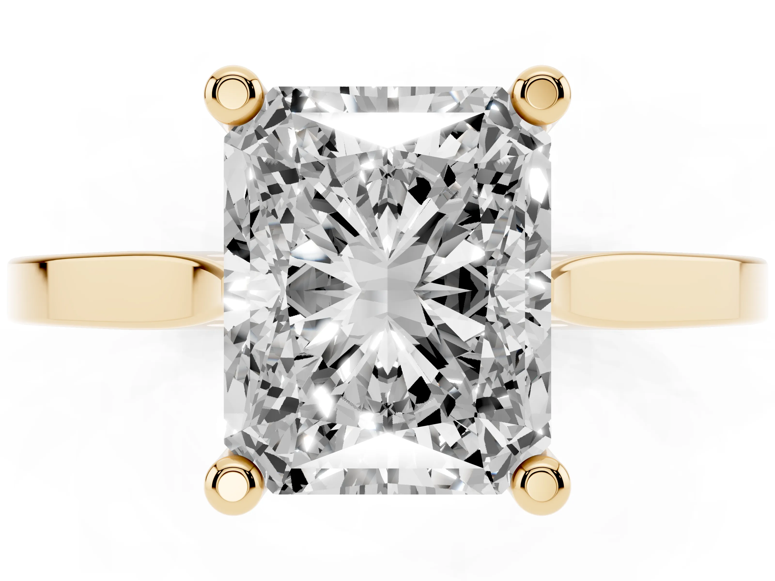 Radiant Cut Diamond Solitaire Ring Set in Yellow gold with Prong Setting and Tapered Band