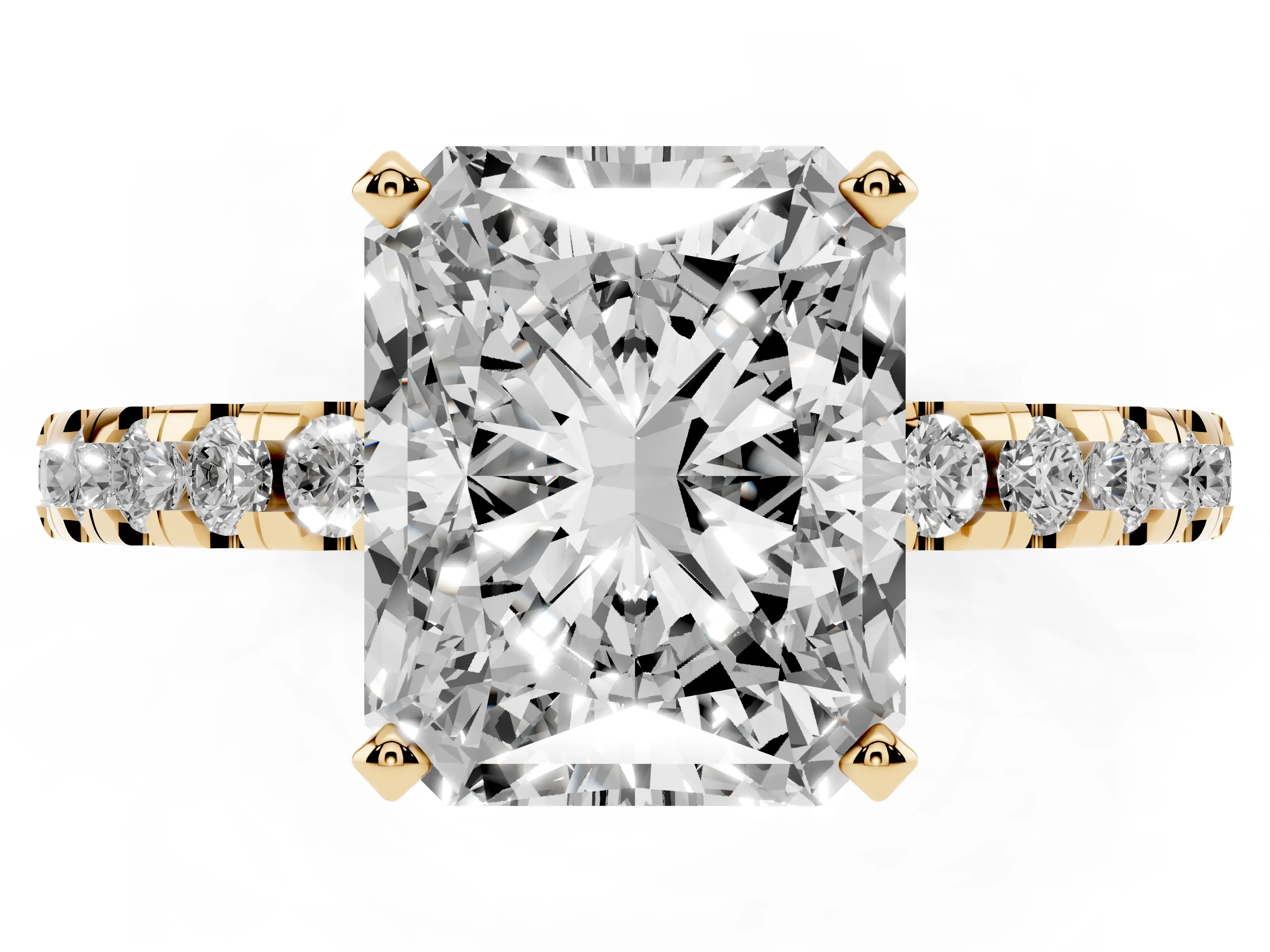 Radiant Cut Diamond Pavé Solitaire Ring Set in Yellow gold with Round Band Accents and Prong Setting