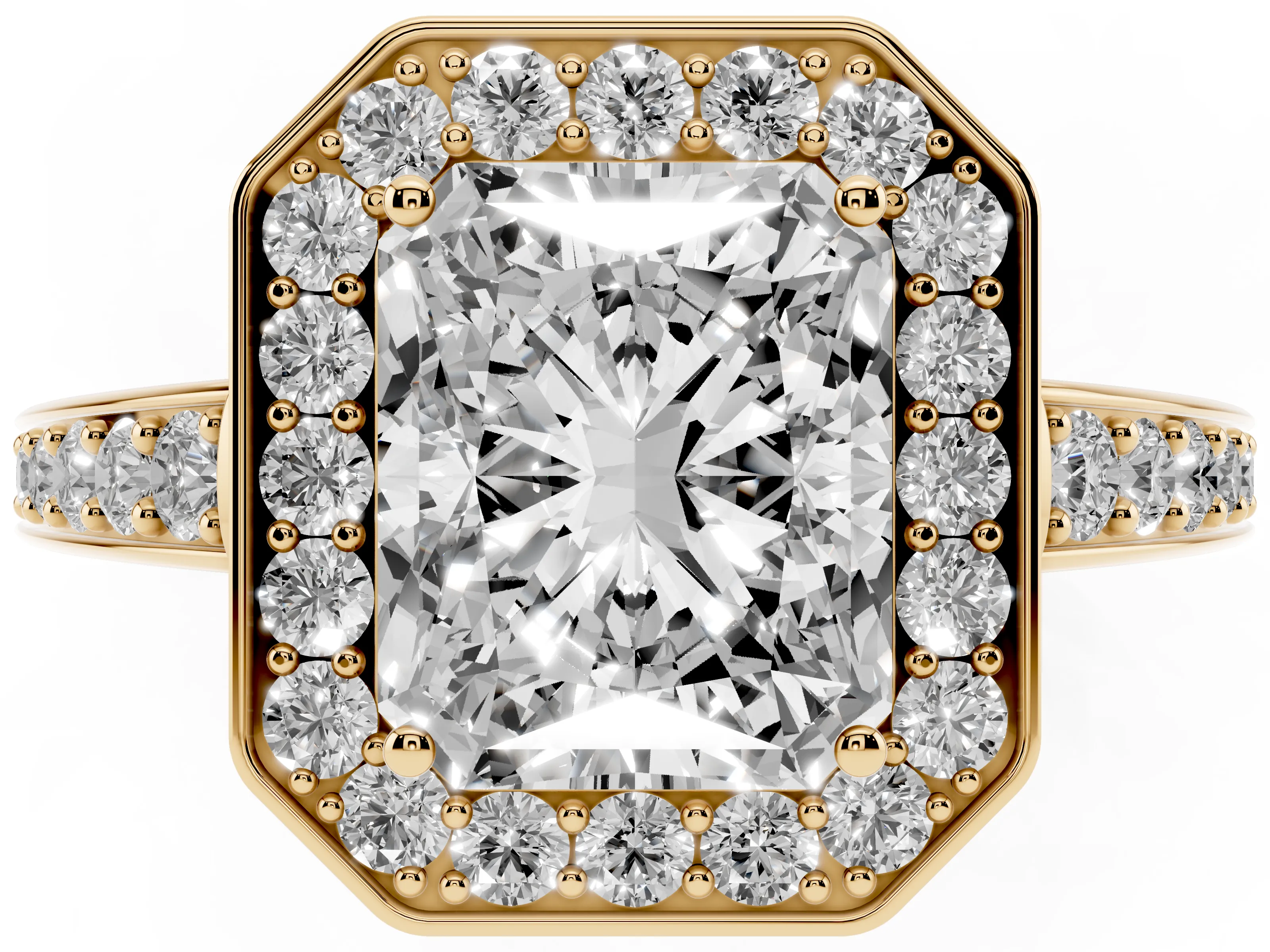 Radiant Cut Diamond Halo Pavé Engagement Ring Set in Yellow gold with Bezel Setting