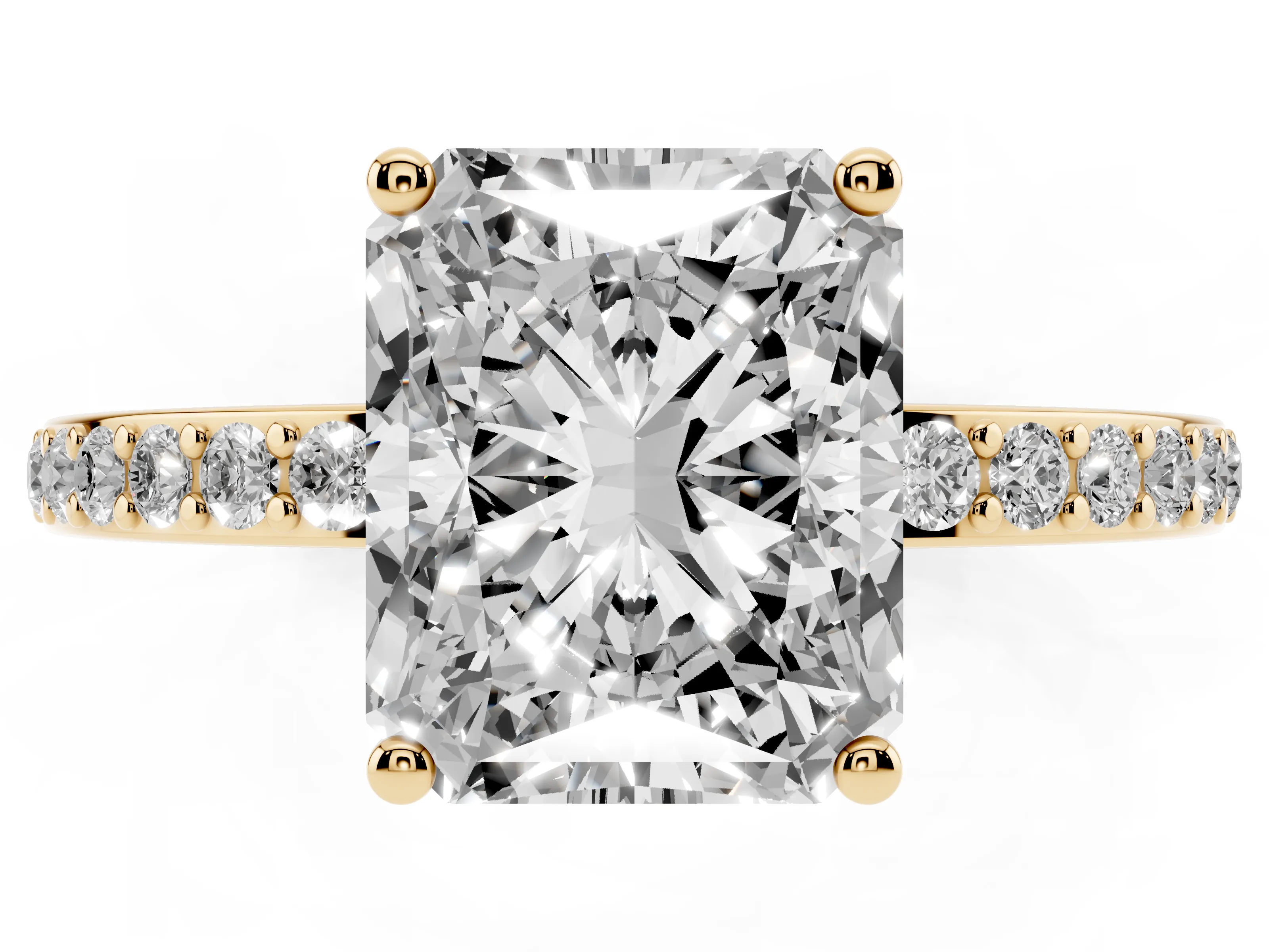 Radiant Cut Diamond Pavé Band Ring Set in Yellow gold with Prong-Set Center Stone