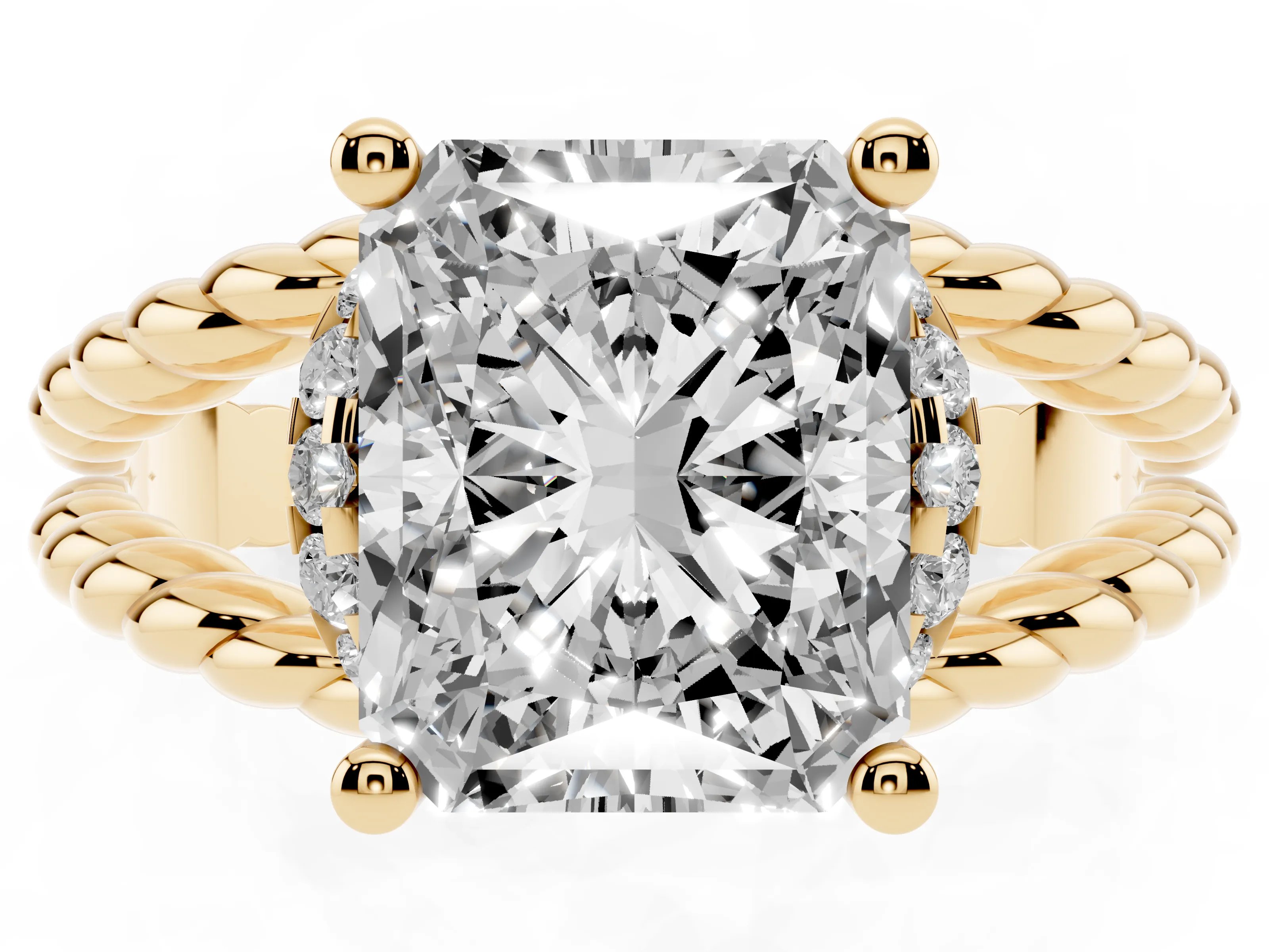 Radiant Cut Diamond Halo Ring Set in Yellow gold with Twisted Band and Prong Setting