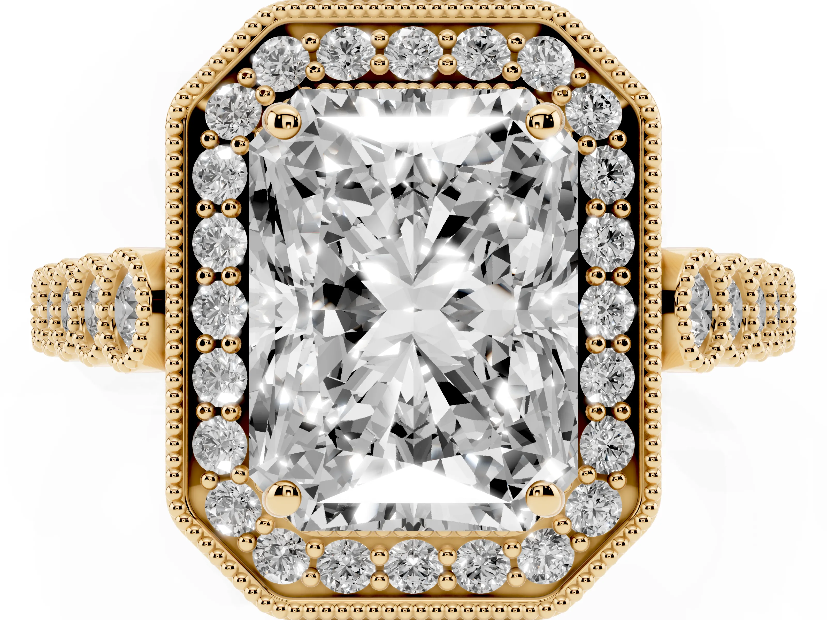 Radiant Cut Diamond Milgrain Halo Solitaire Ring Set in Yellow gold with Bezel Set Side Stones and Pavé Band