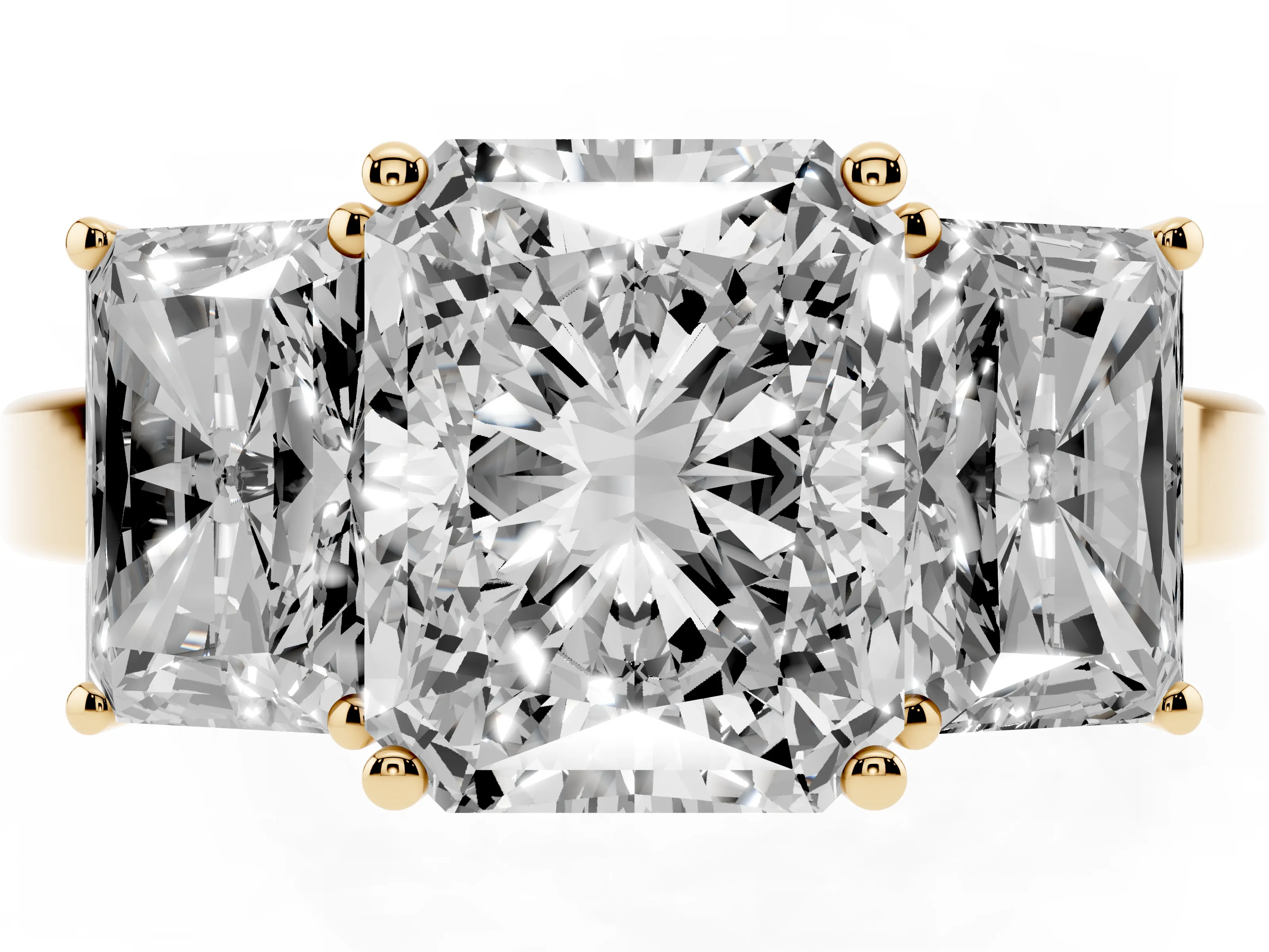 Radiant Cut Diamond Three-Stone Engagement Ring Set in Yellow gold with Flat Band