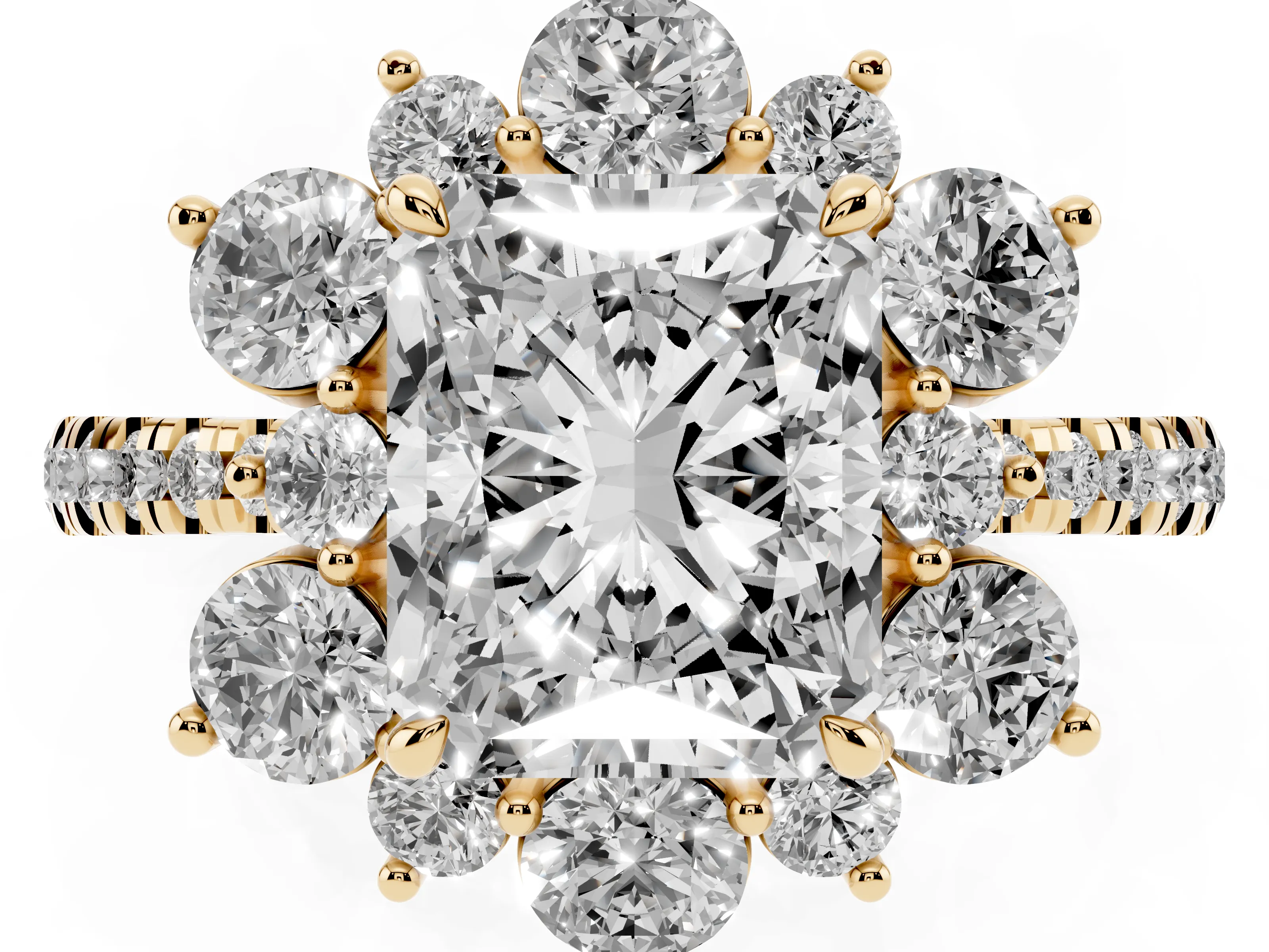 Radiant Cut Diamond Floral Halo Ring Set in Yellow gold with Round Pavé Band and Prong Setting