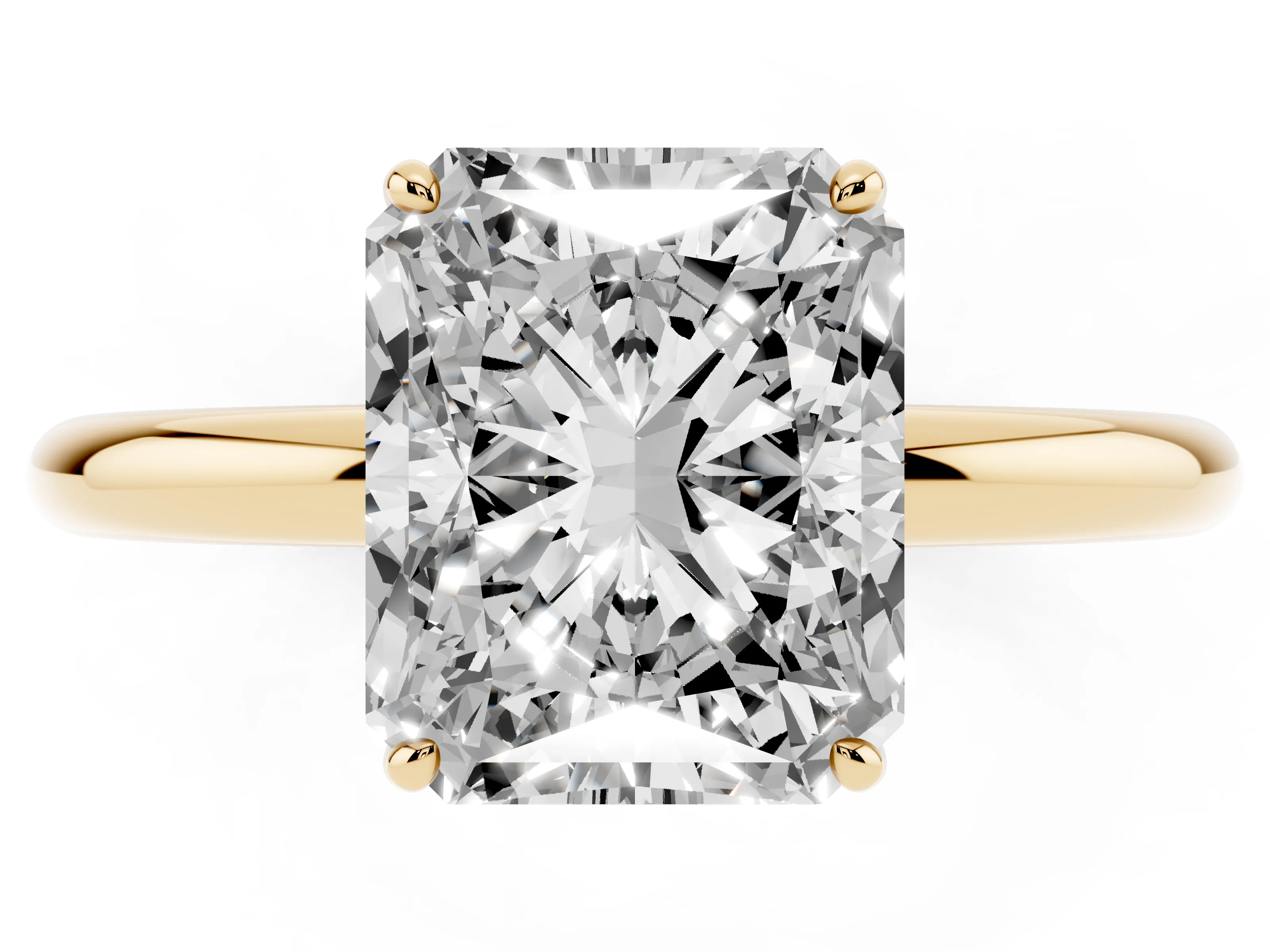 Radiant Cut Diamond Solitaire Ring Set in Yellow gold with Prong Setting on a Polished Plain Band