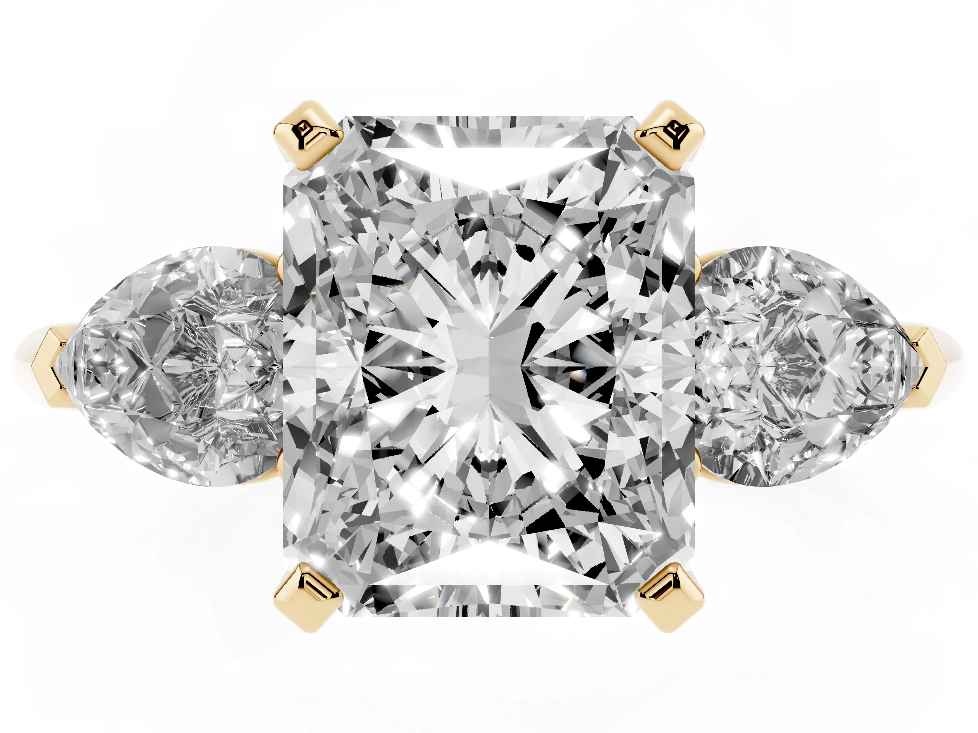 Three-Stone Radiant Cut Diamond Ring Set in Yellow gold with Pear Side Stones and Prong Setting