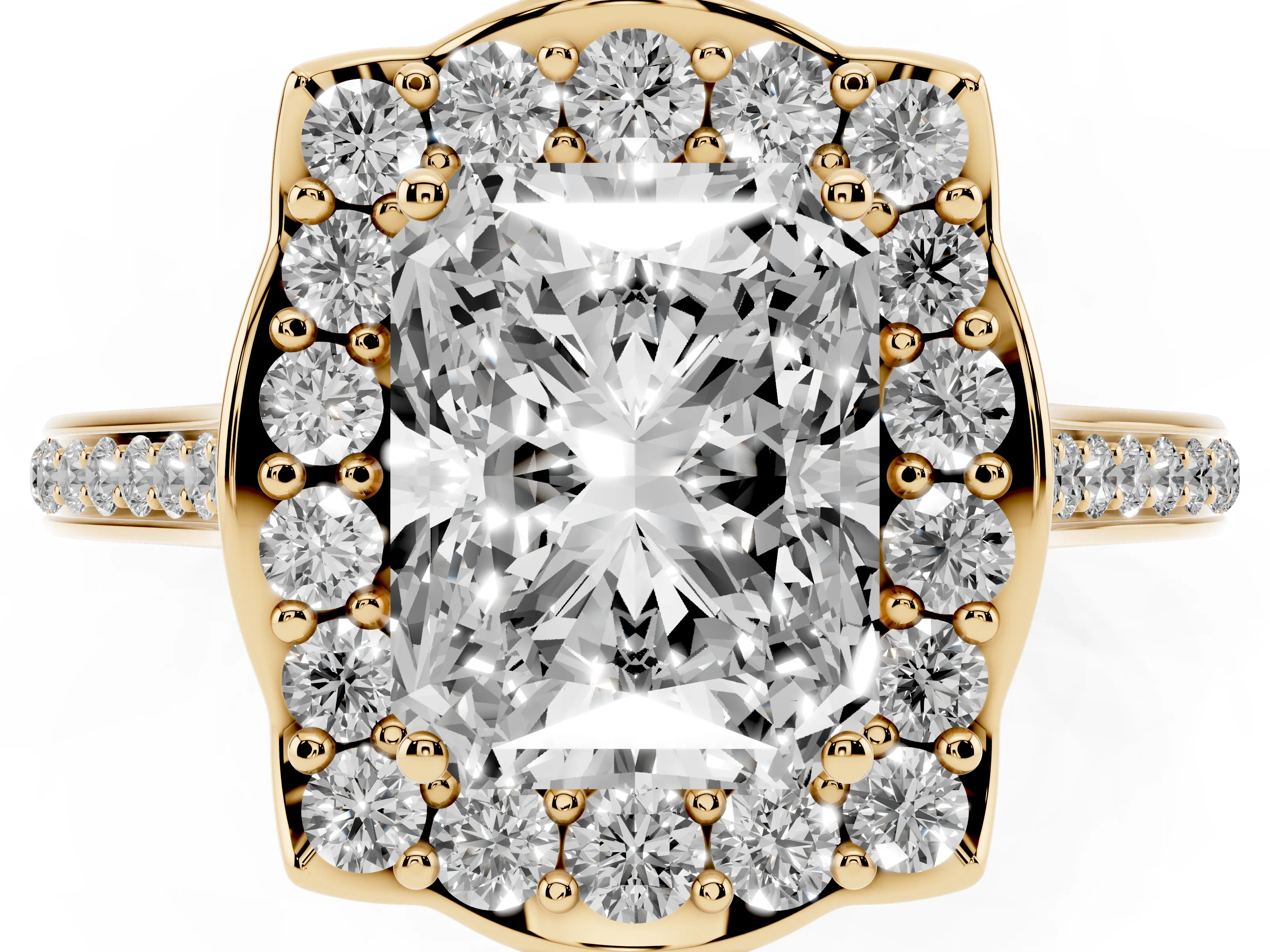 Radiant Cut Diamond Halo Ring Set in Yellow gold with Pavé-Lined Shoulders and Prong Setting