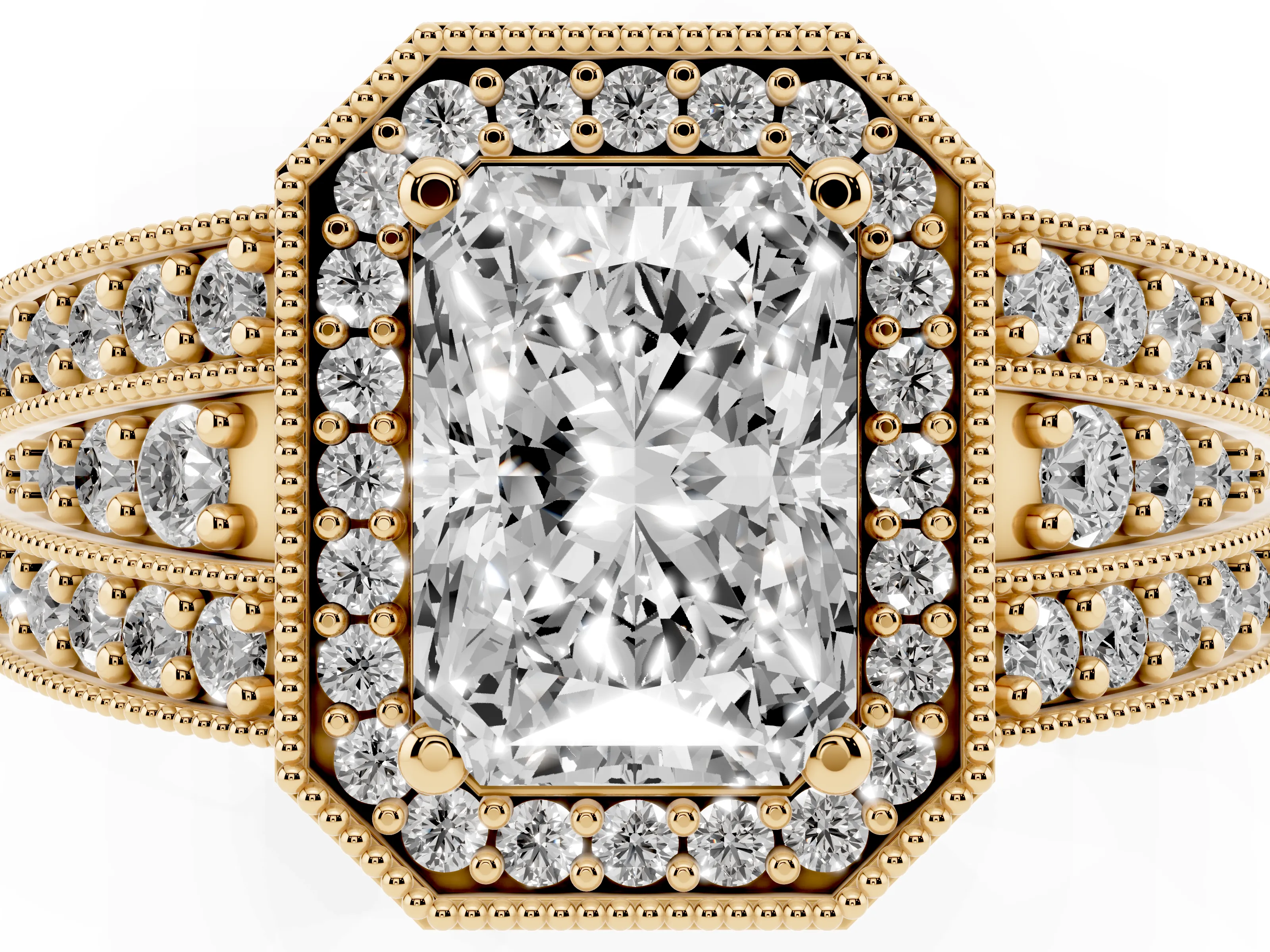 Radiant Cut Diamond Halo Ring Set in Yellow gold with Accent Split Shank and Prong Setting