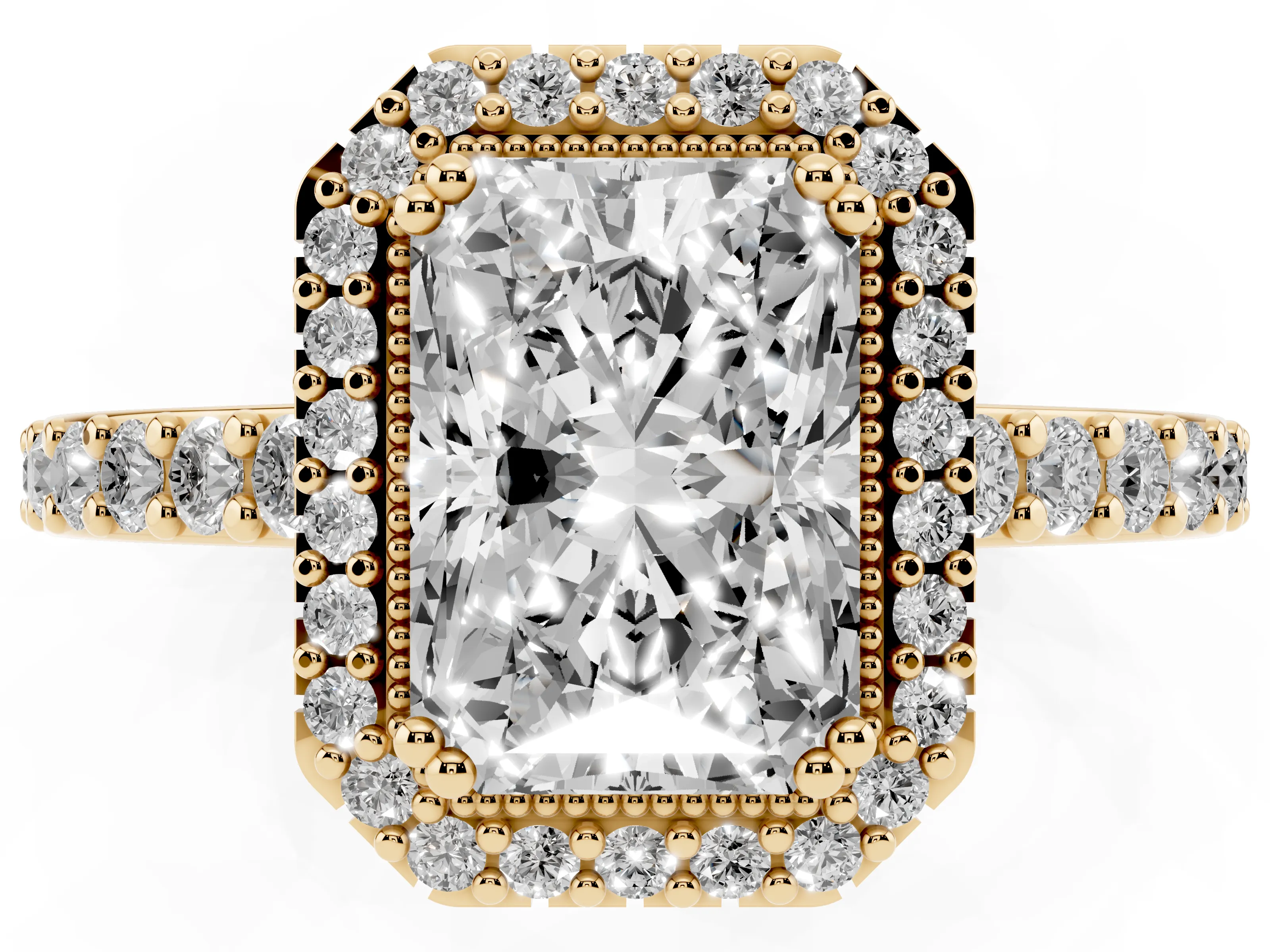Radiant Cut Diamond Halo Engagement Ring Set in Yellow gold with Milgrain Detail and Pavé Band